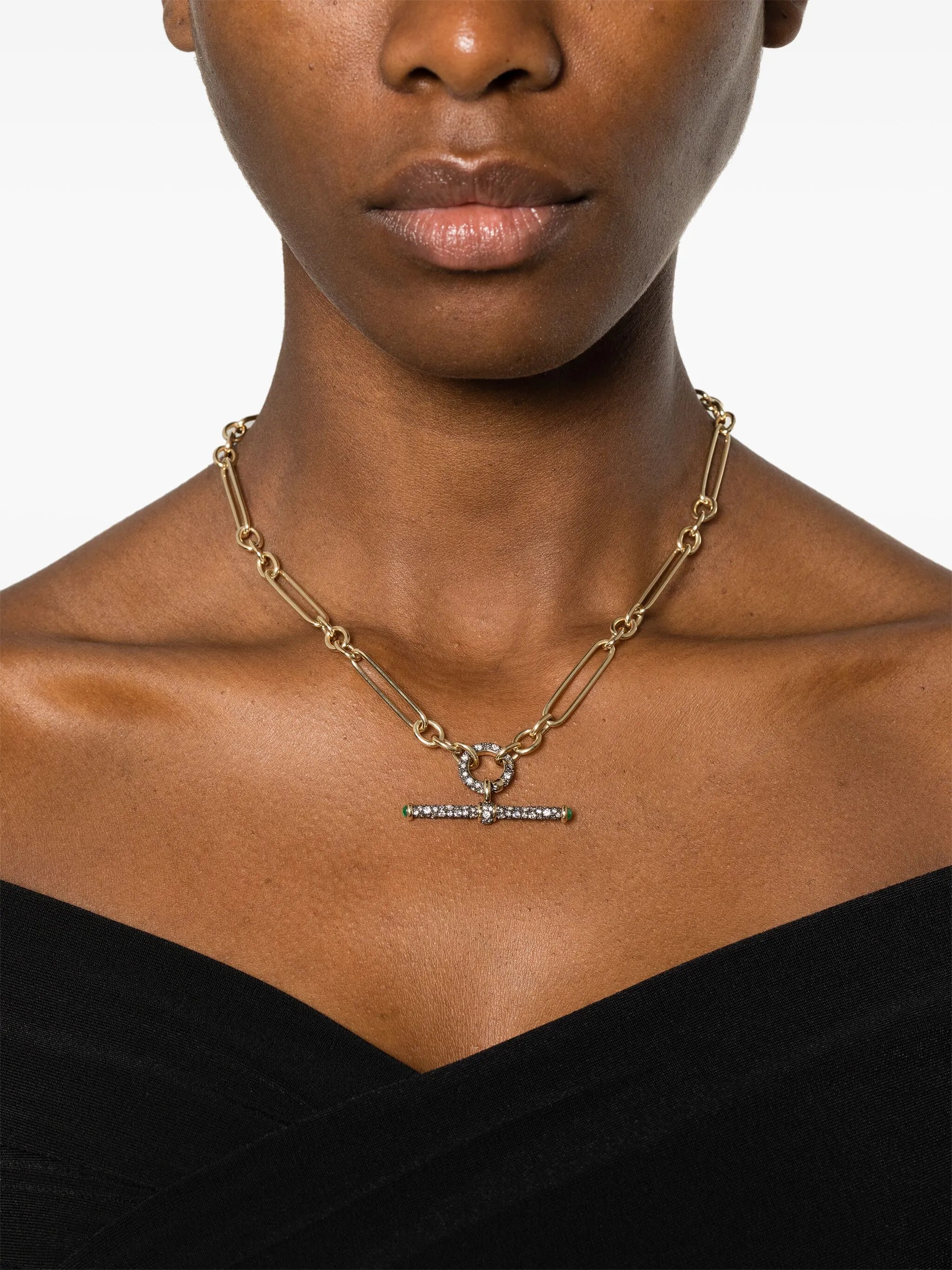14kt yellow gold diamond and emerald T-bar necklace