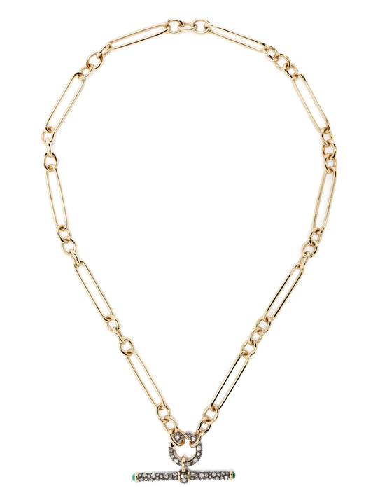 14kt yellow gold diamond and emerald T-bar necklace