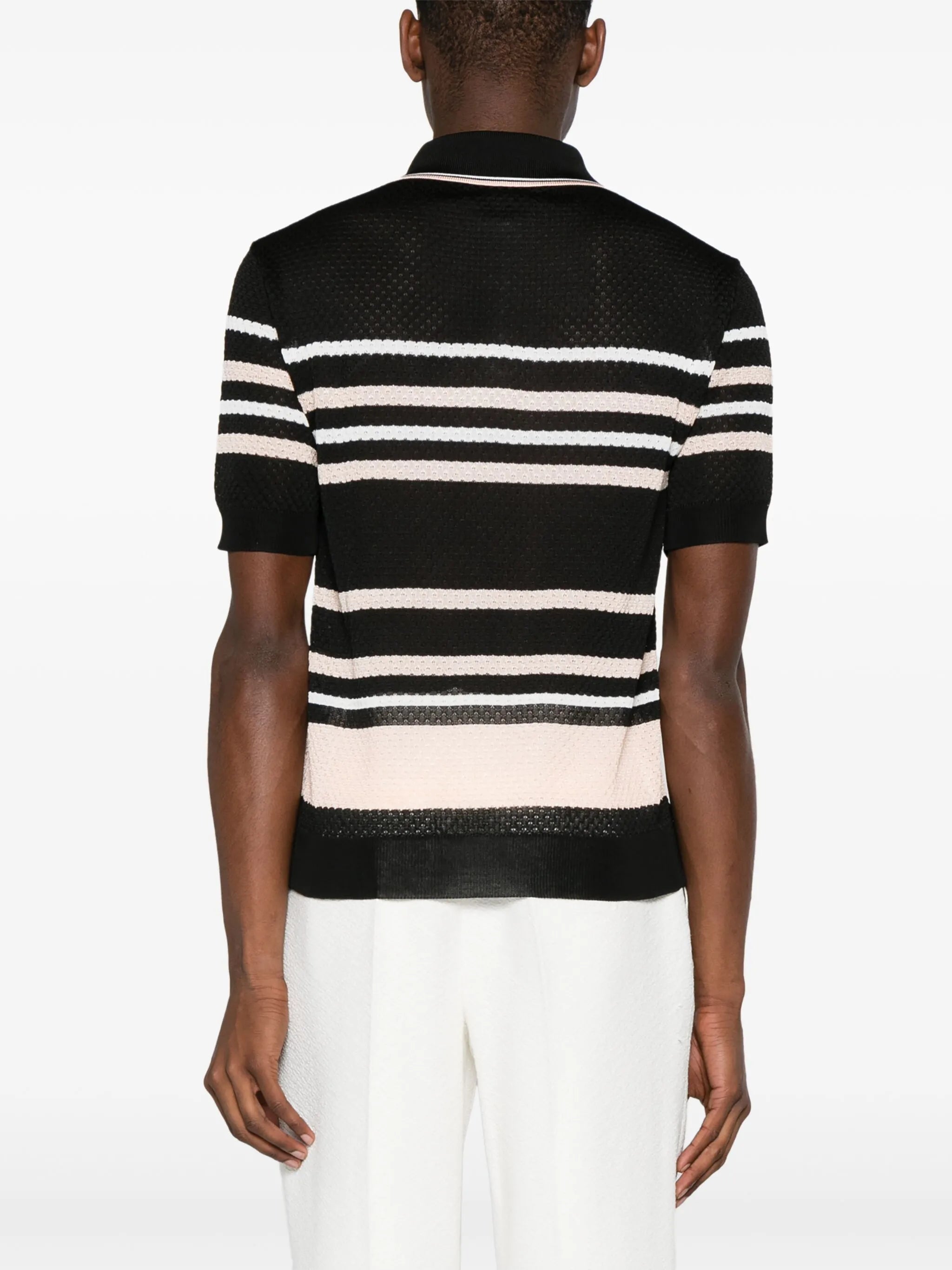 striped pointelle-knit polo shirt