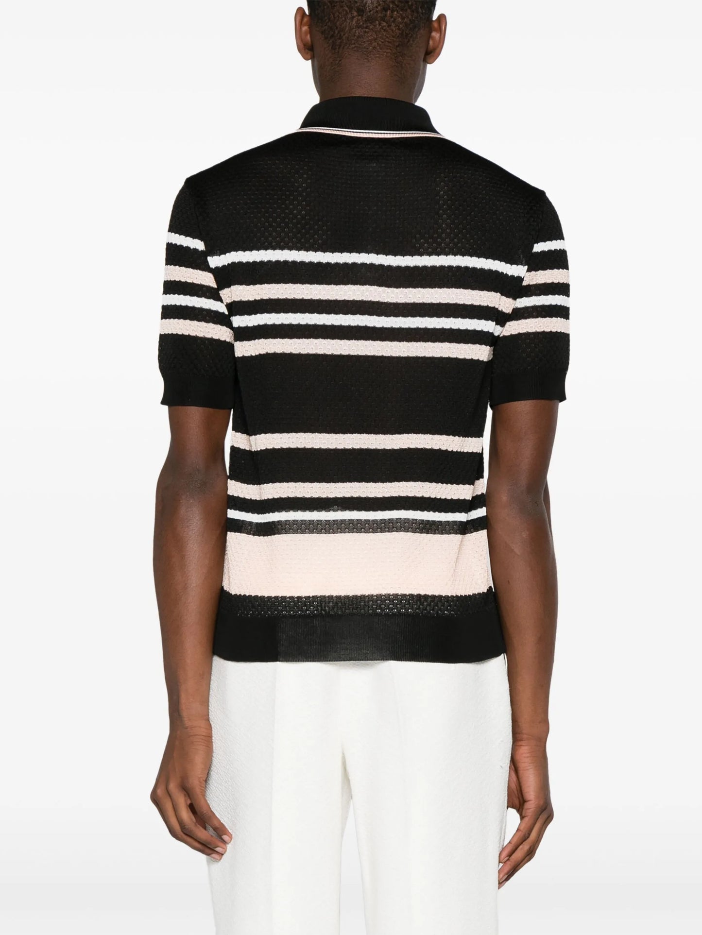 striped pointelle-knit polo shirt
