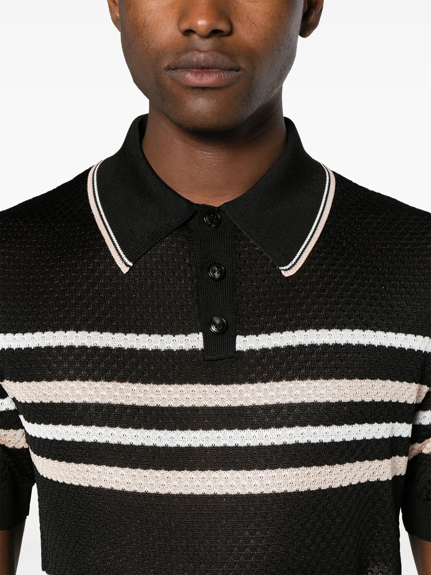 striped pointelle-knit polo shirt