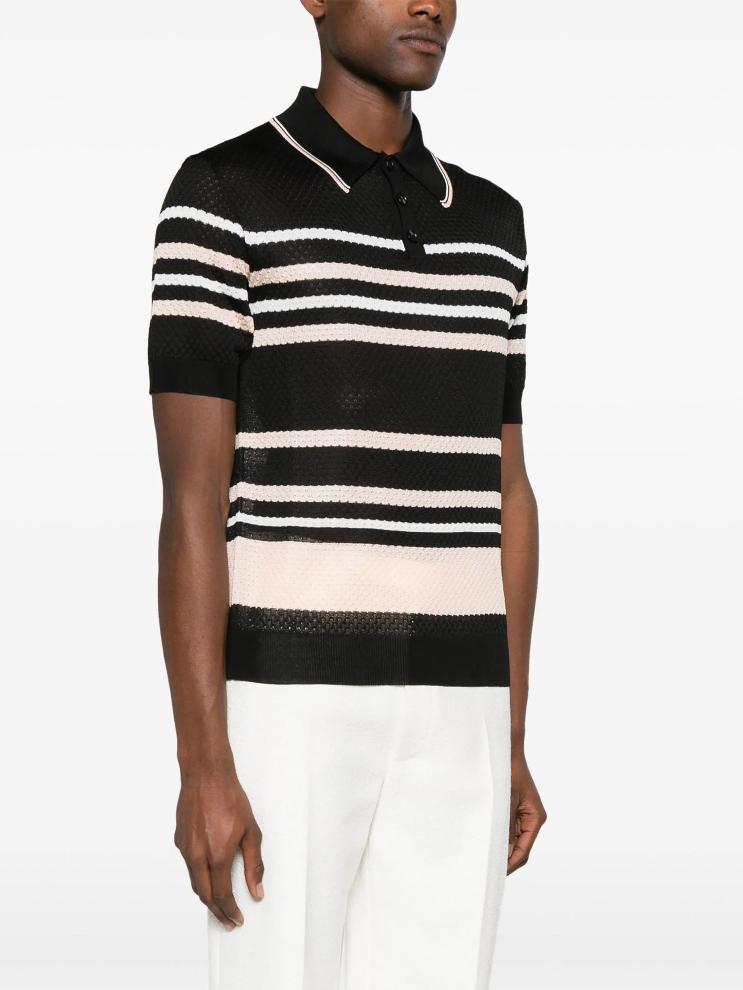 striped pointelle-knit polo shirt
