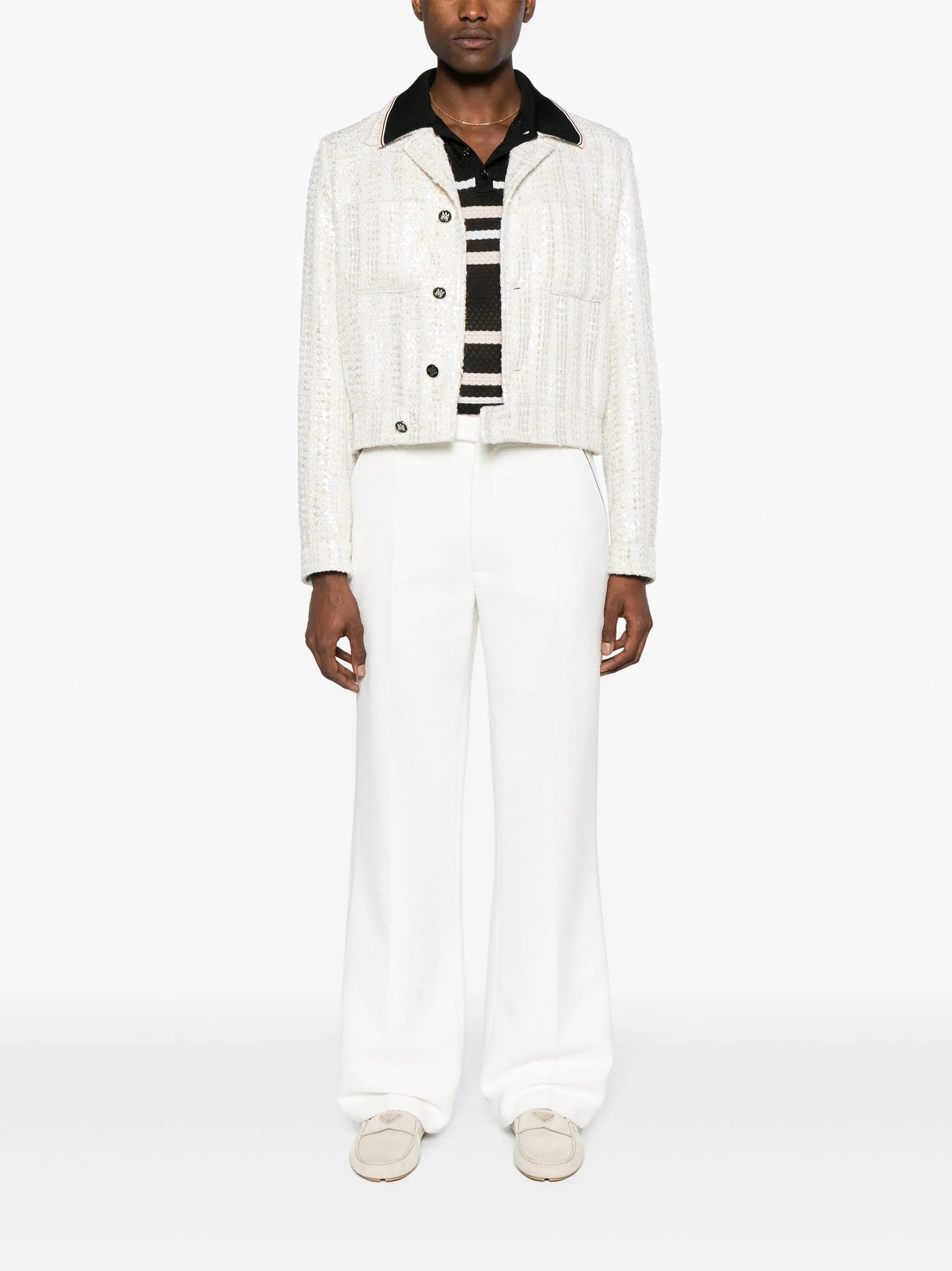 striped pointelle-knit polo shirt