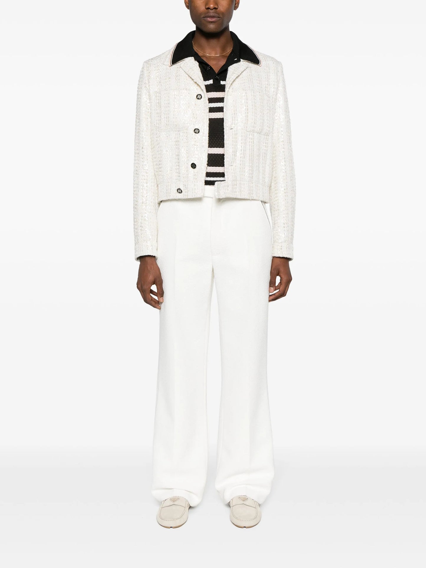 striped pointelle-knit polo shirt