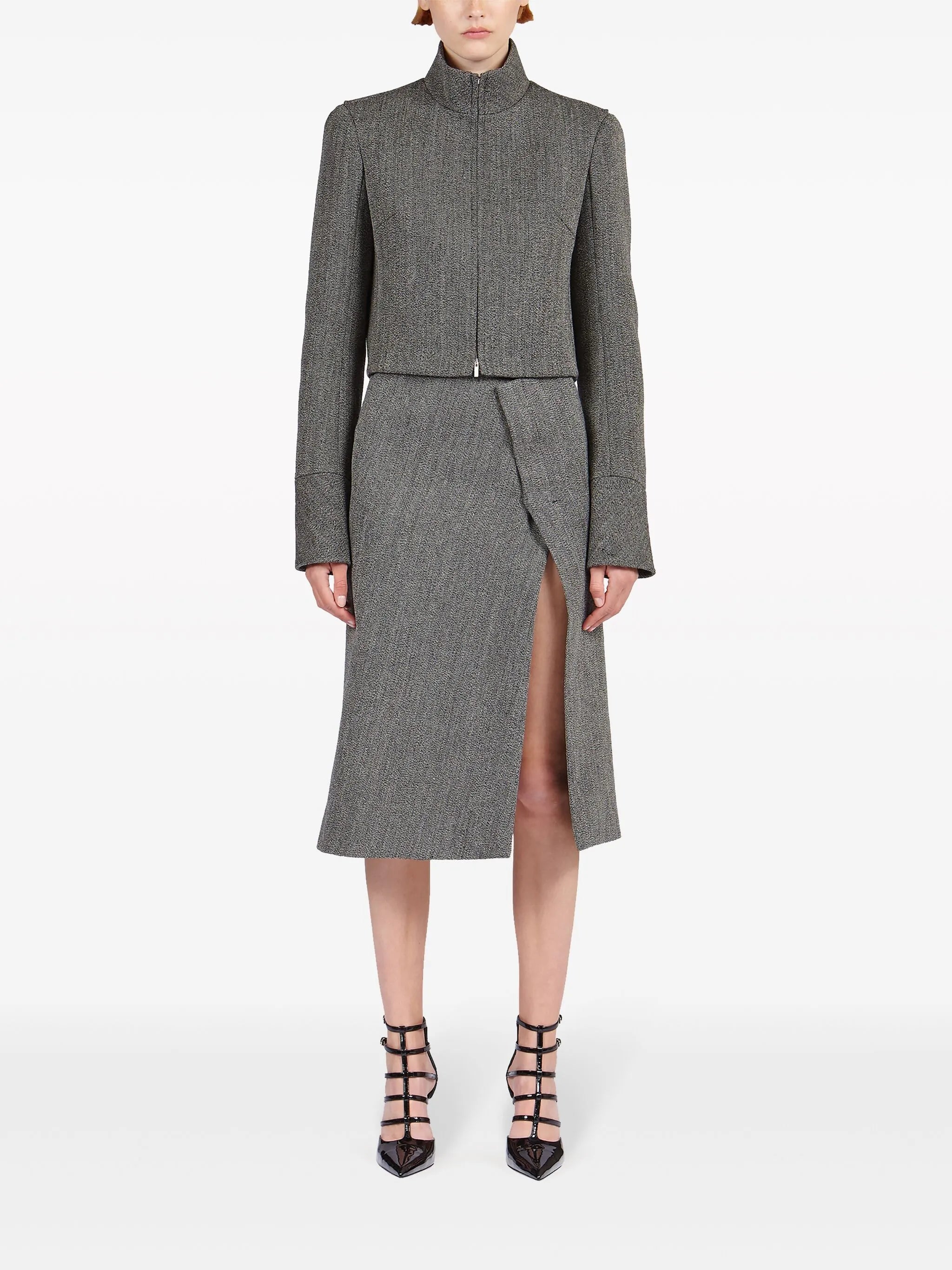 zip-up cropped tweed jacket