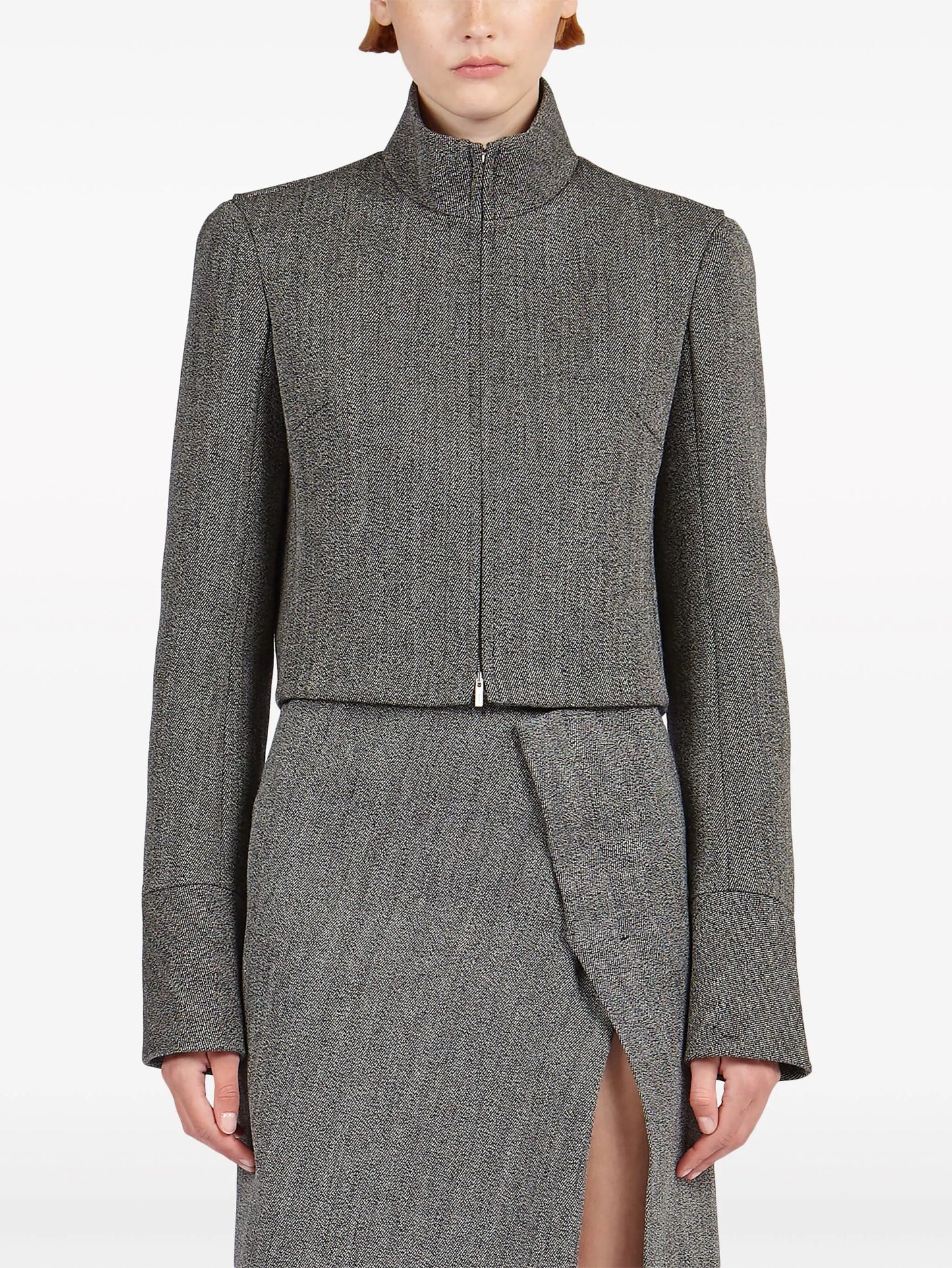 zip-up cropped tweed jacket
