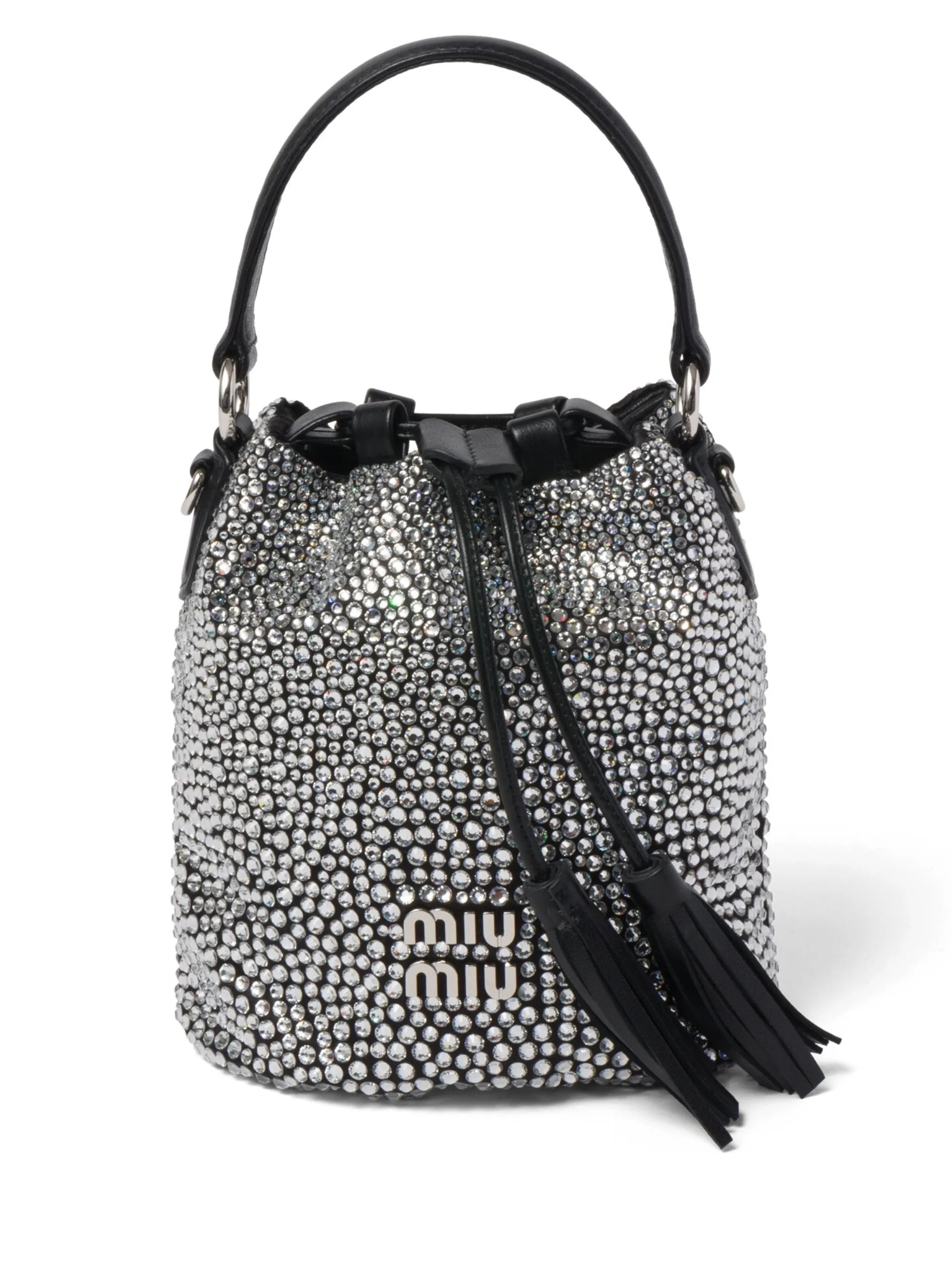 crystal-embellished satin bucket bag