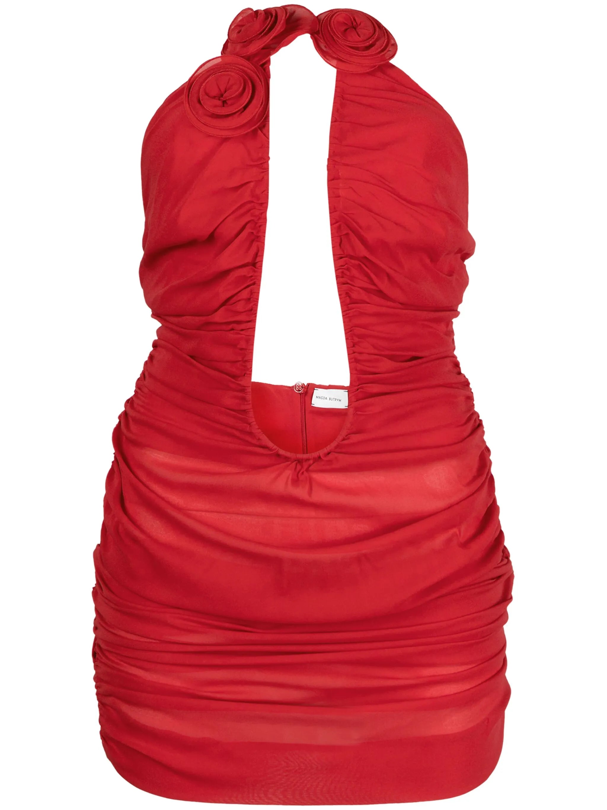 Rose-appliqué ruched minidress