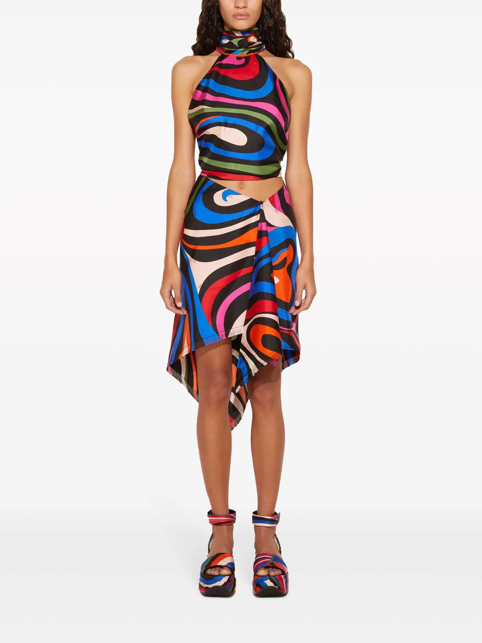 abstract print cropped silk top