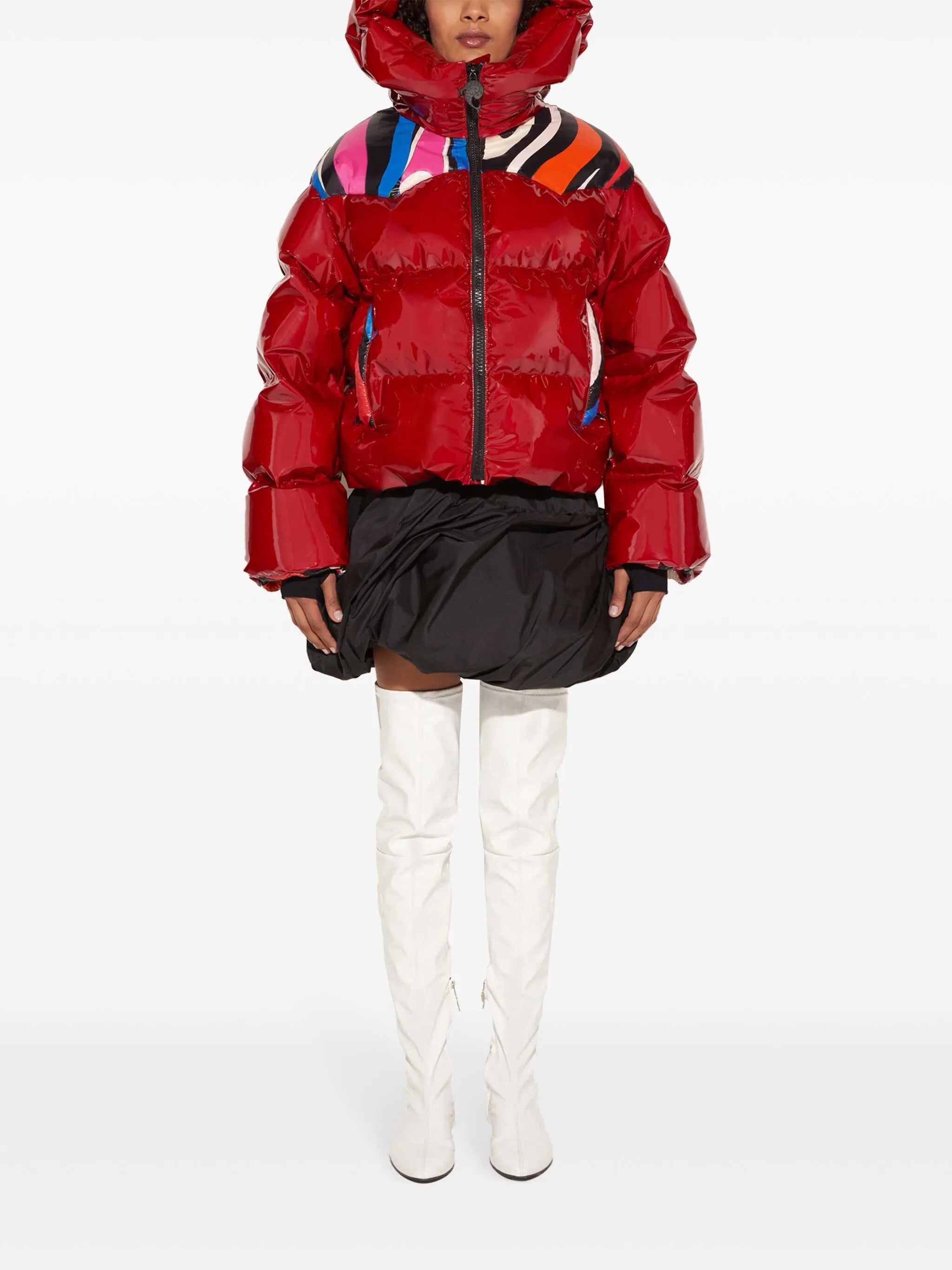 abstract-panelling hooded puffer jacket