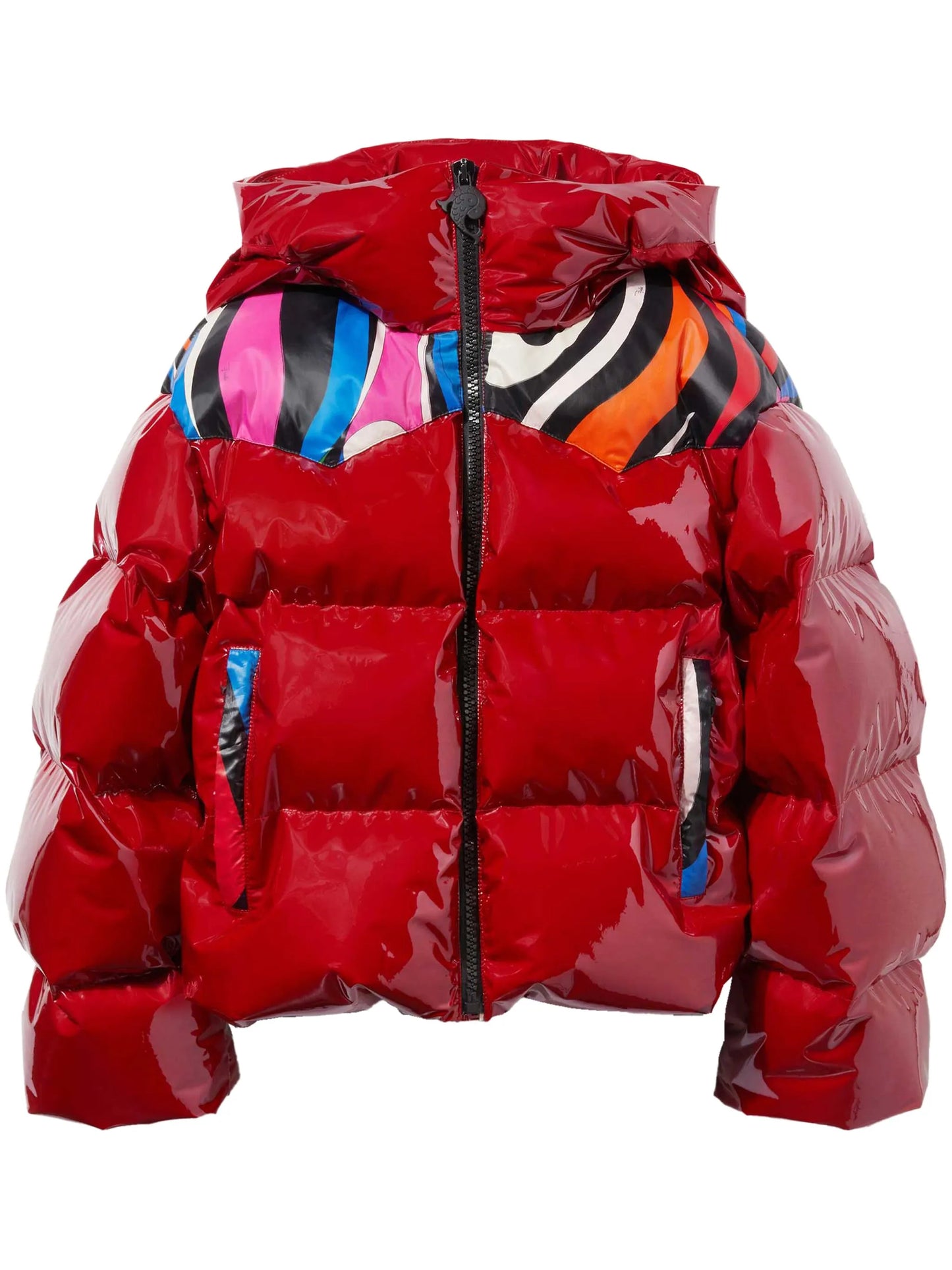 abstract-panelling hooded puffer jacket