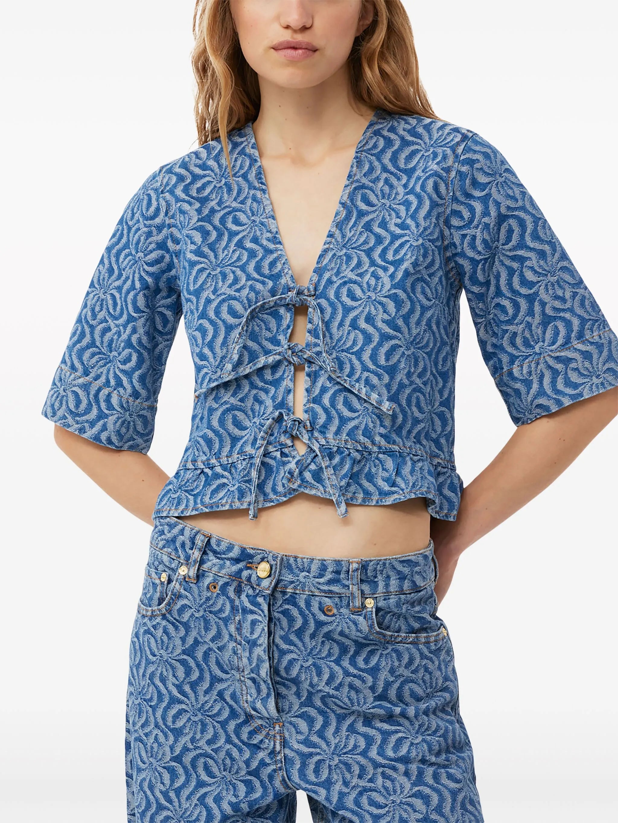 jacquard organic-cotton denim blouse
