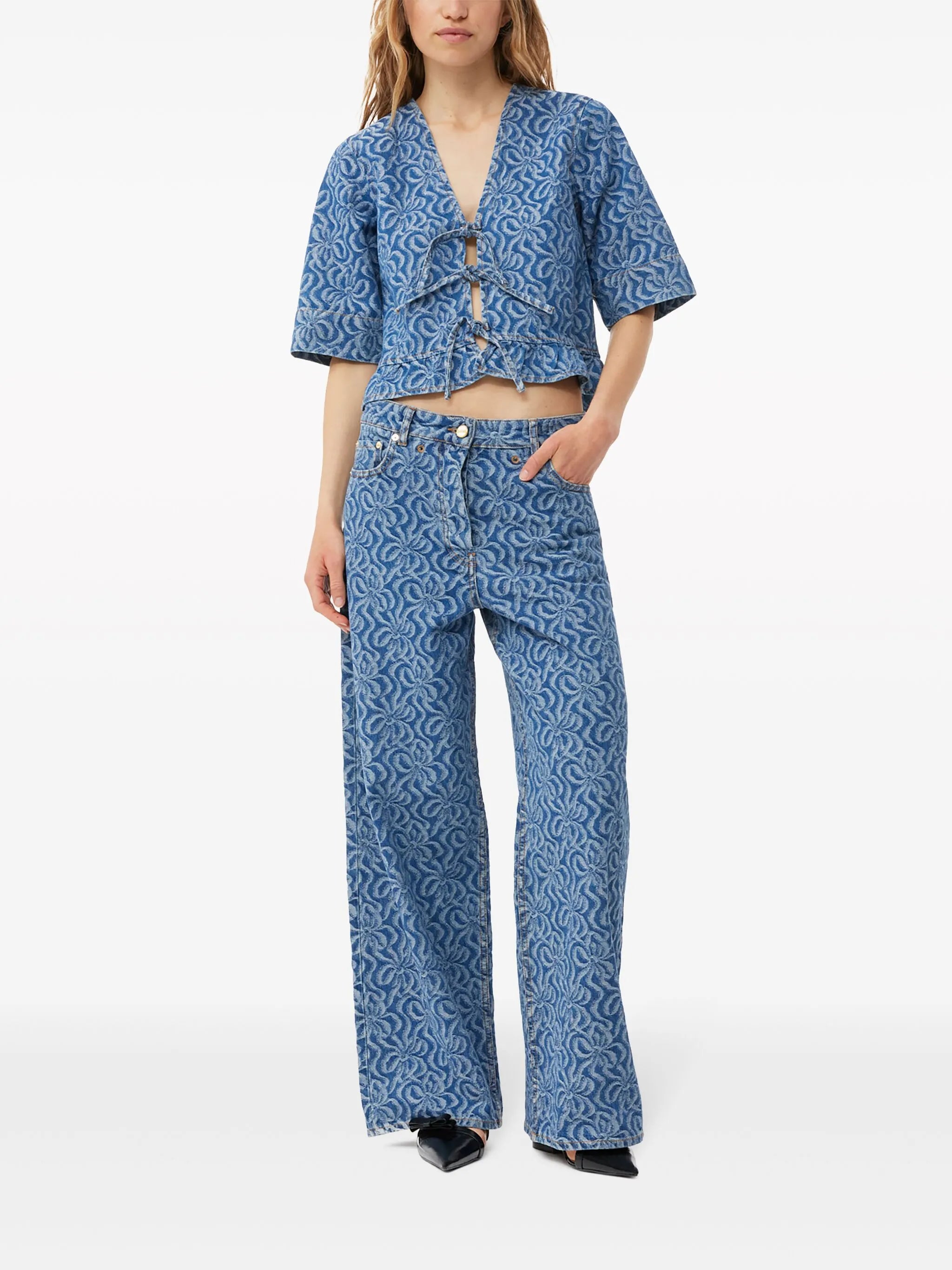 jacquard organic-cotton denim blouse