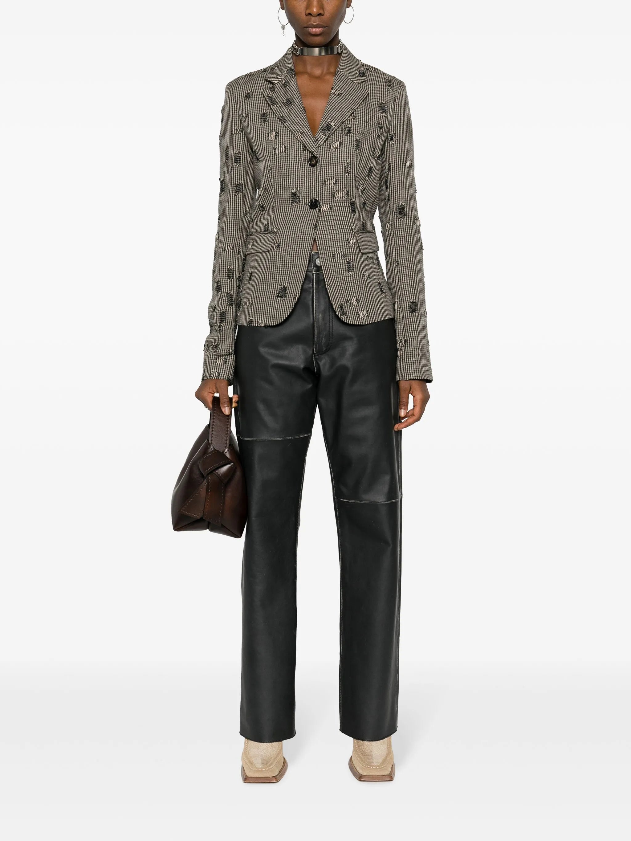 houndstooth-print distressed blazer