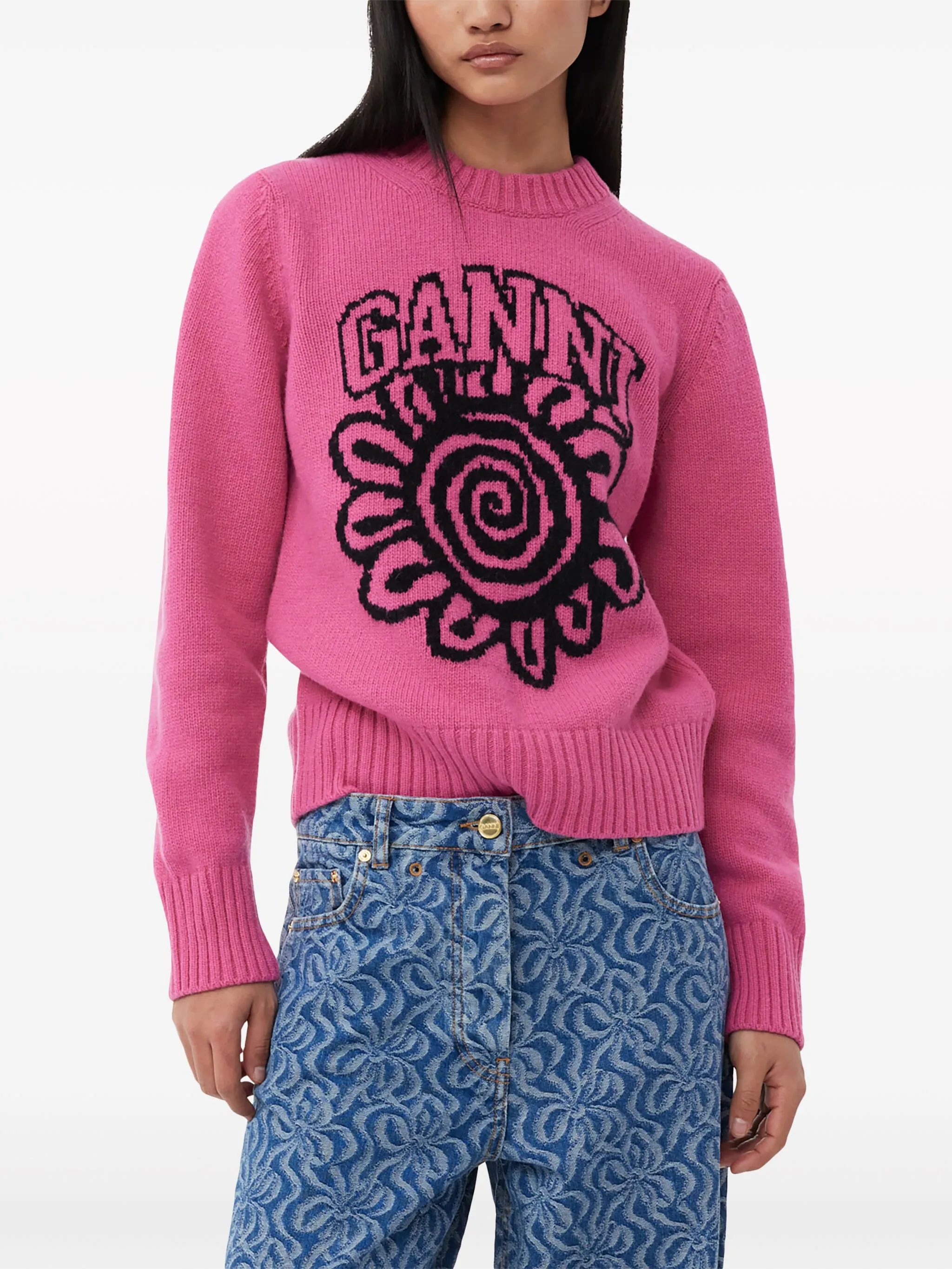 floral-motif crew-neck jumper