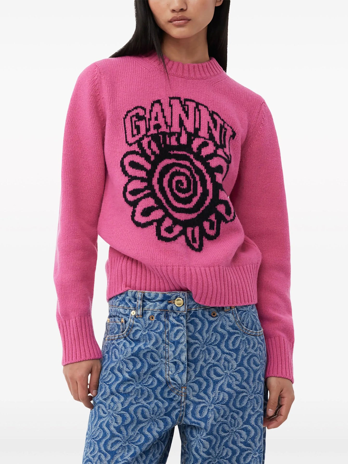 floral-motif crew-neck jumper