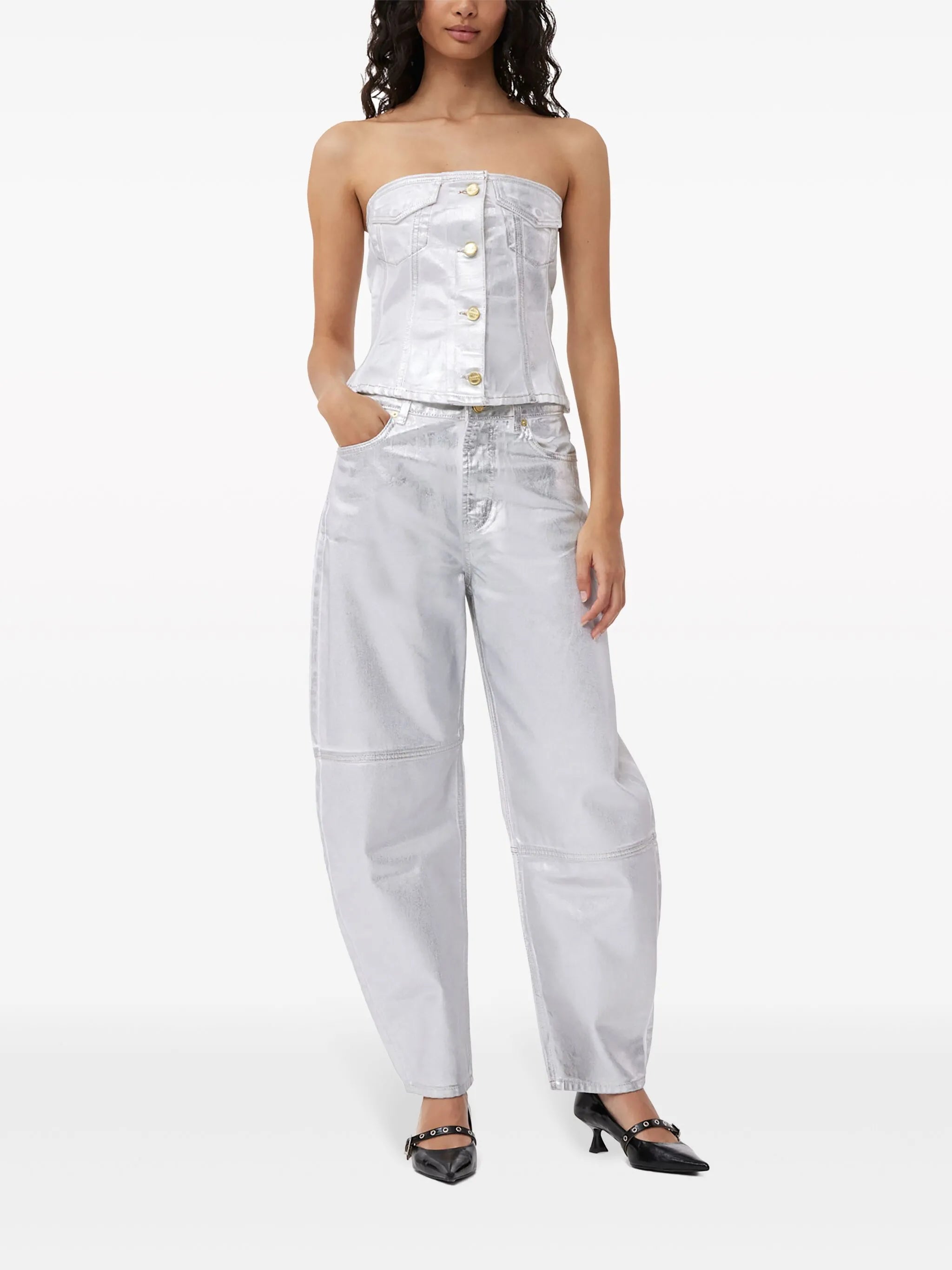 metallic-finish organic-cotton tapared jeans