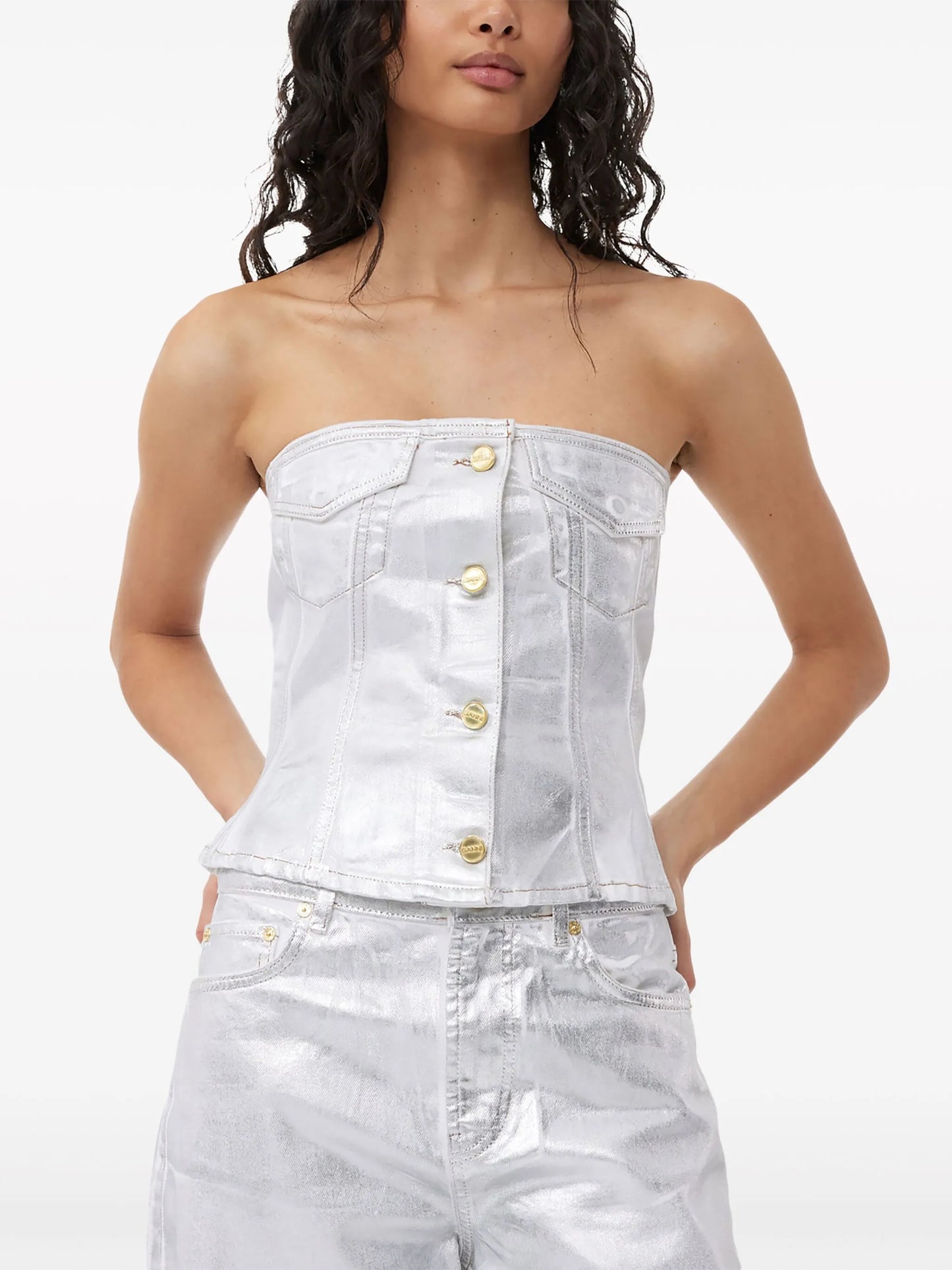 metallic-finish organic-cotton tapared jeans
