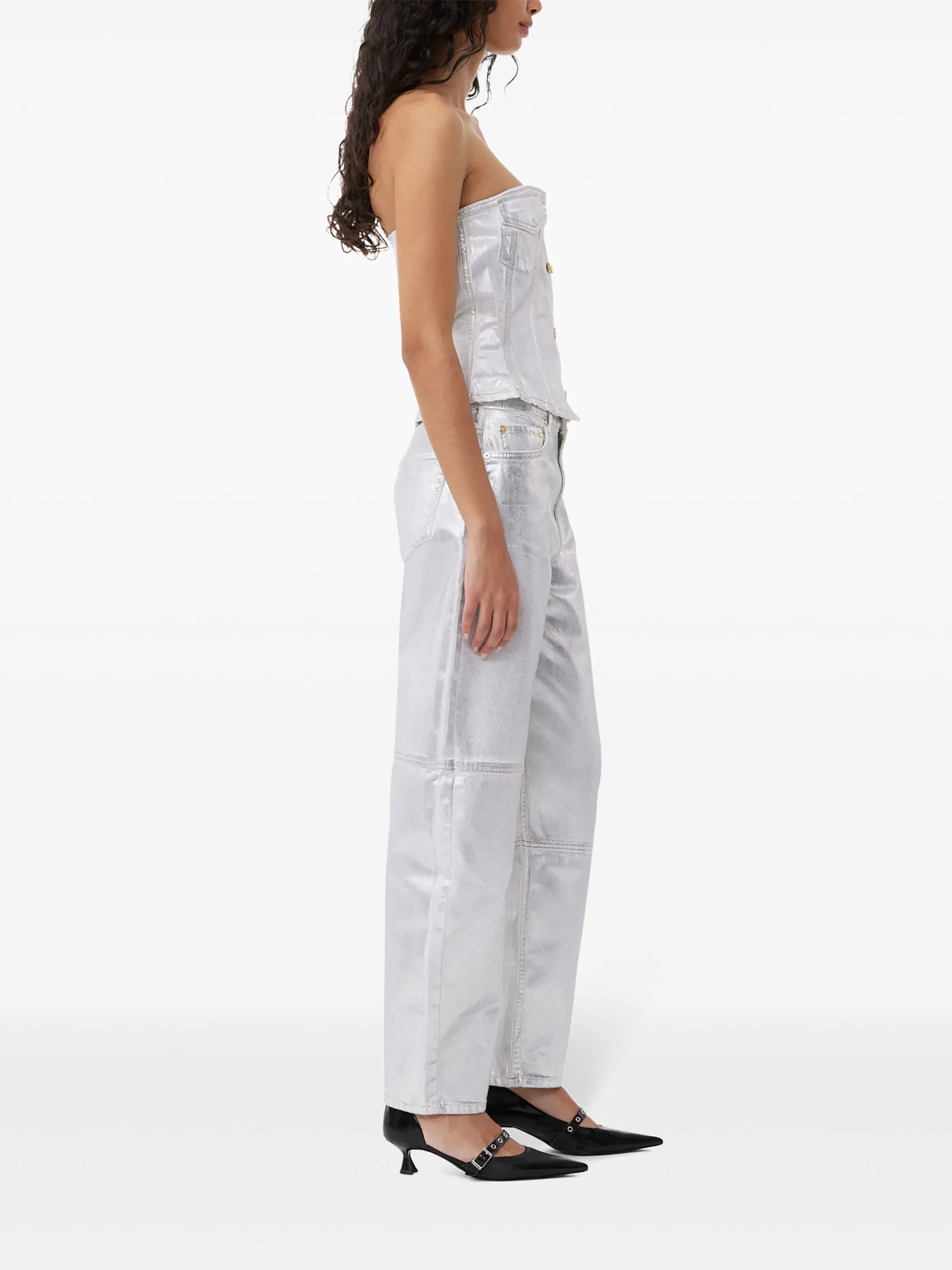 metallic-finish organic-cotton tapared jeans