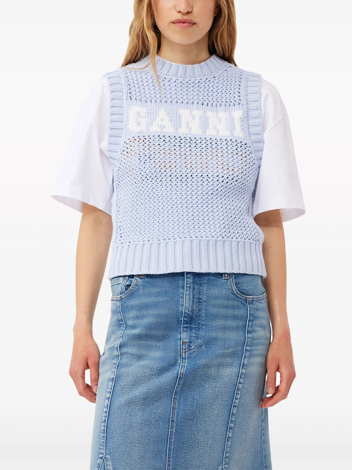 intarsia-knit logo-organic-cotton vest