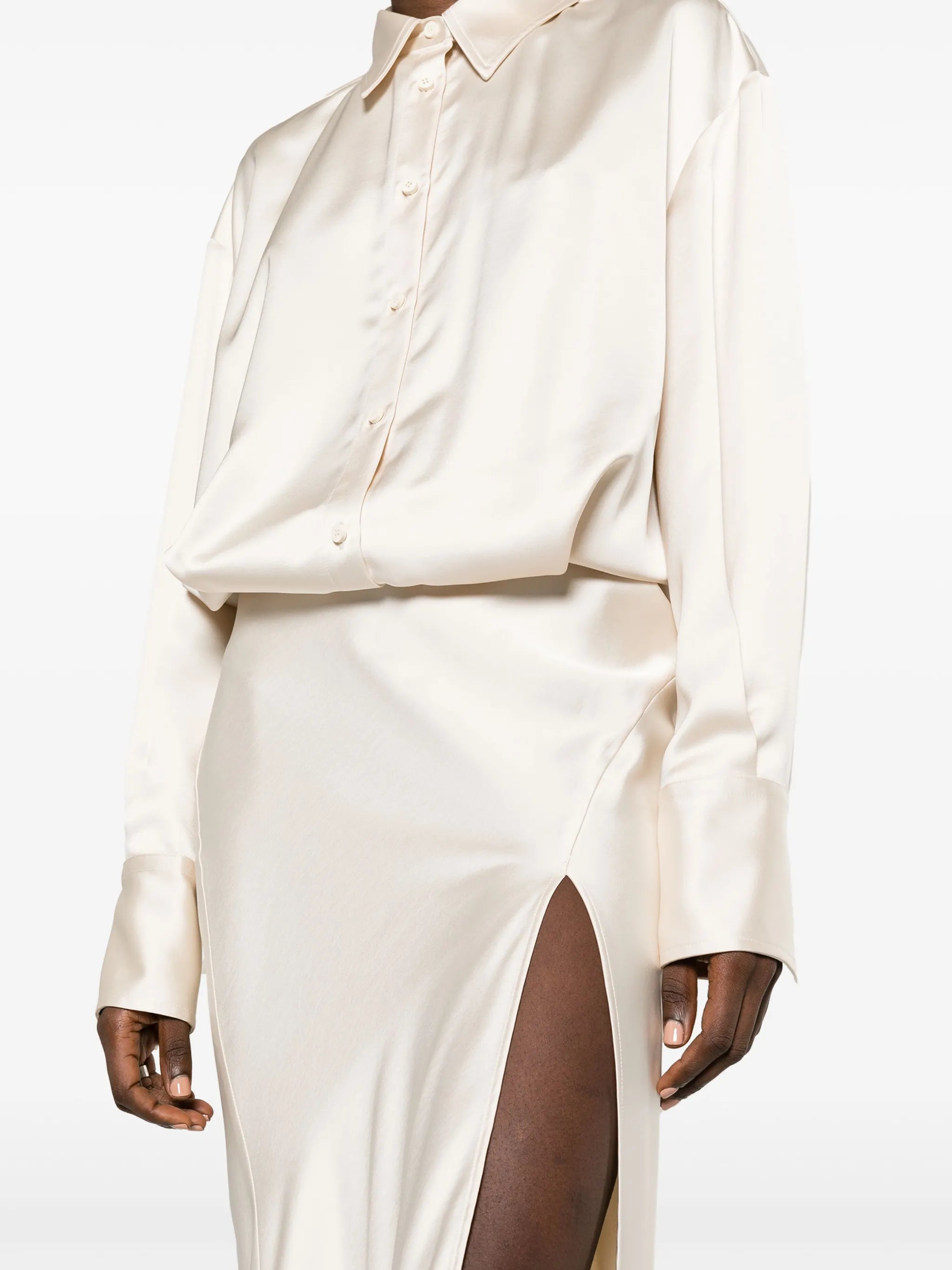 long-sleeve satin gown