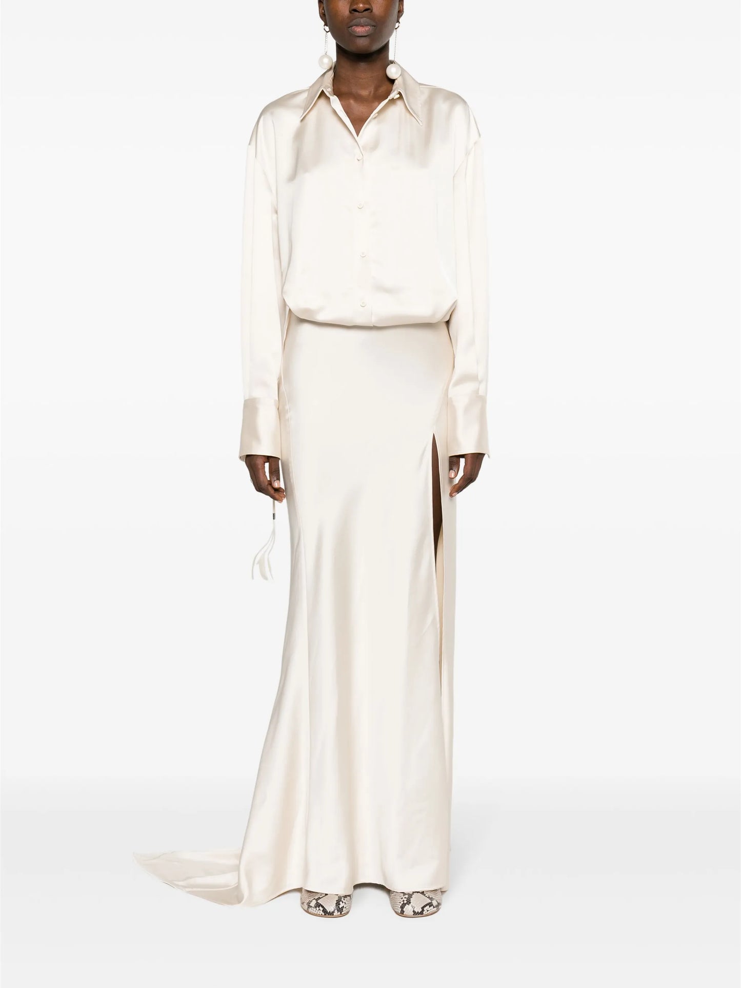 long-sleeve satin gown