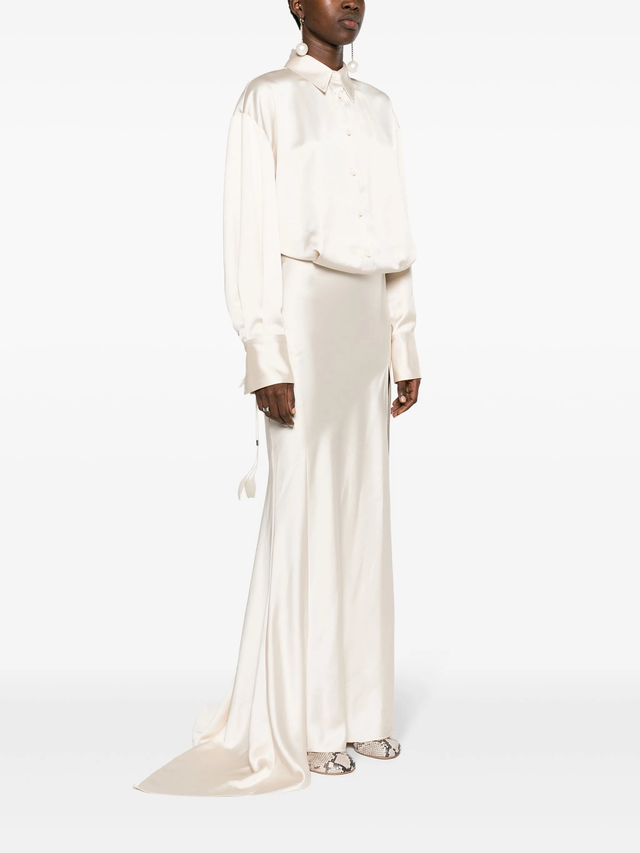 long-sleeve satin gown