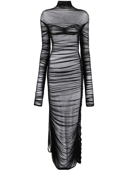 Fishnet ruched sheer maxi dress