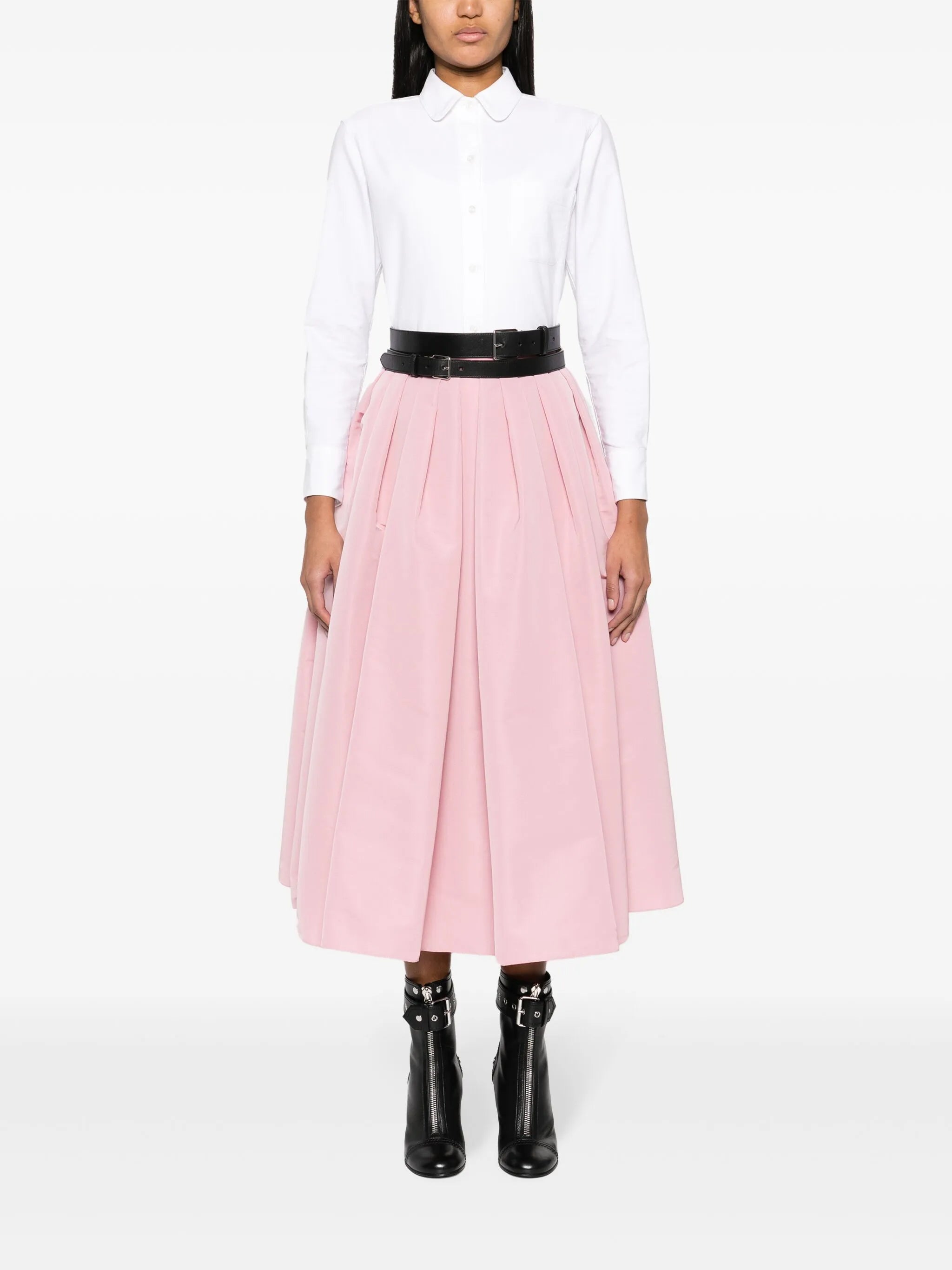 high-waist pleated midi skirt