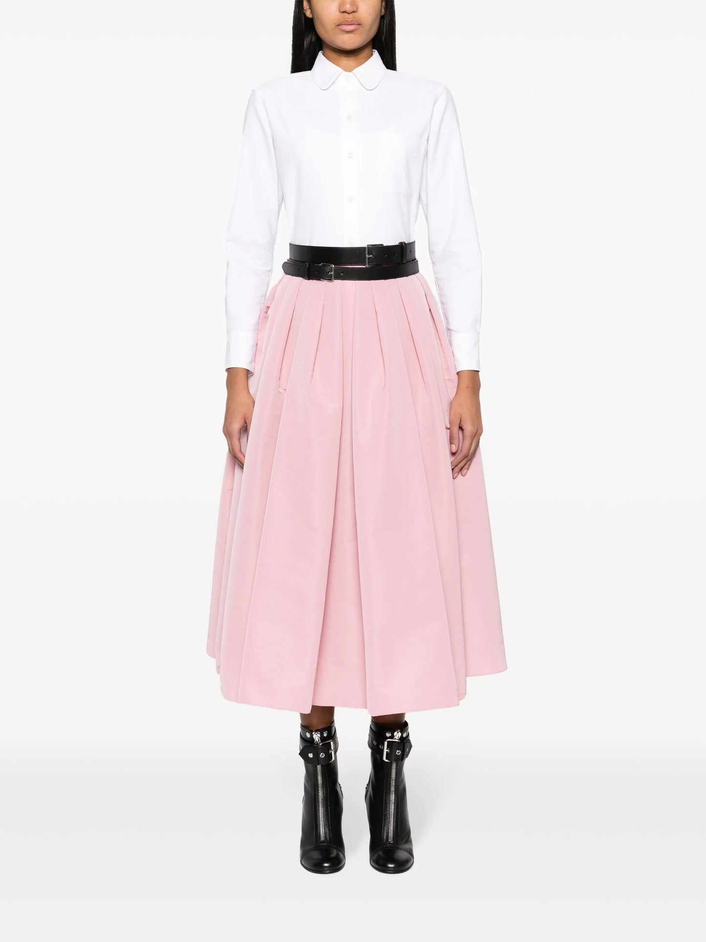 high-waist pleated midi skirt