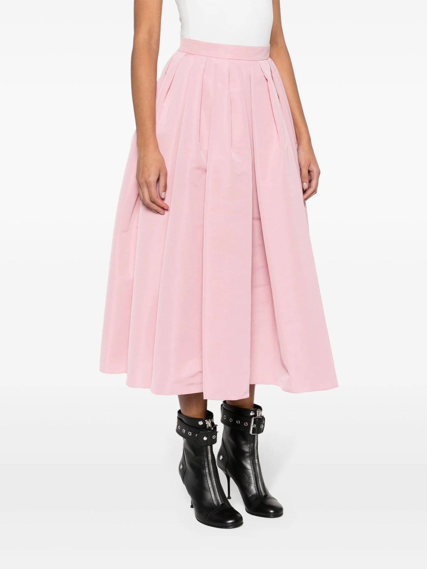 high-waist pleated midi skirt