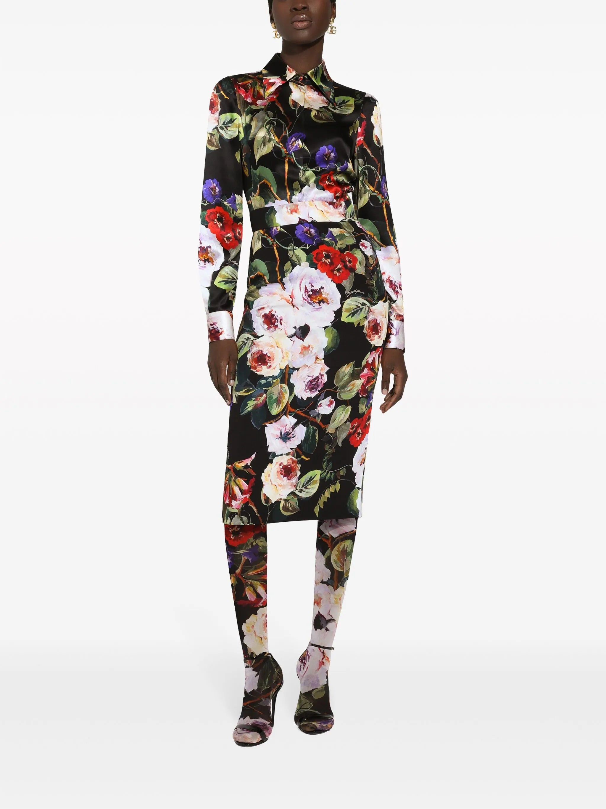 floral-print charmeuse pencil skirt