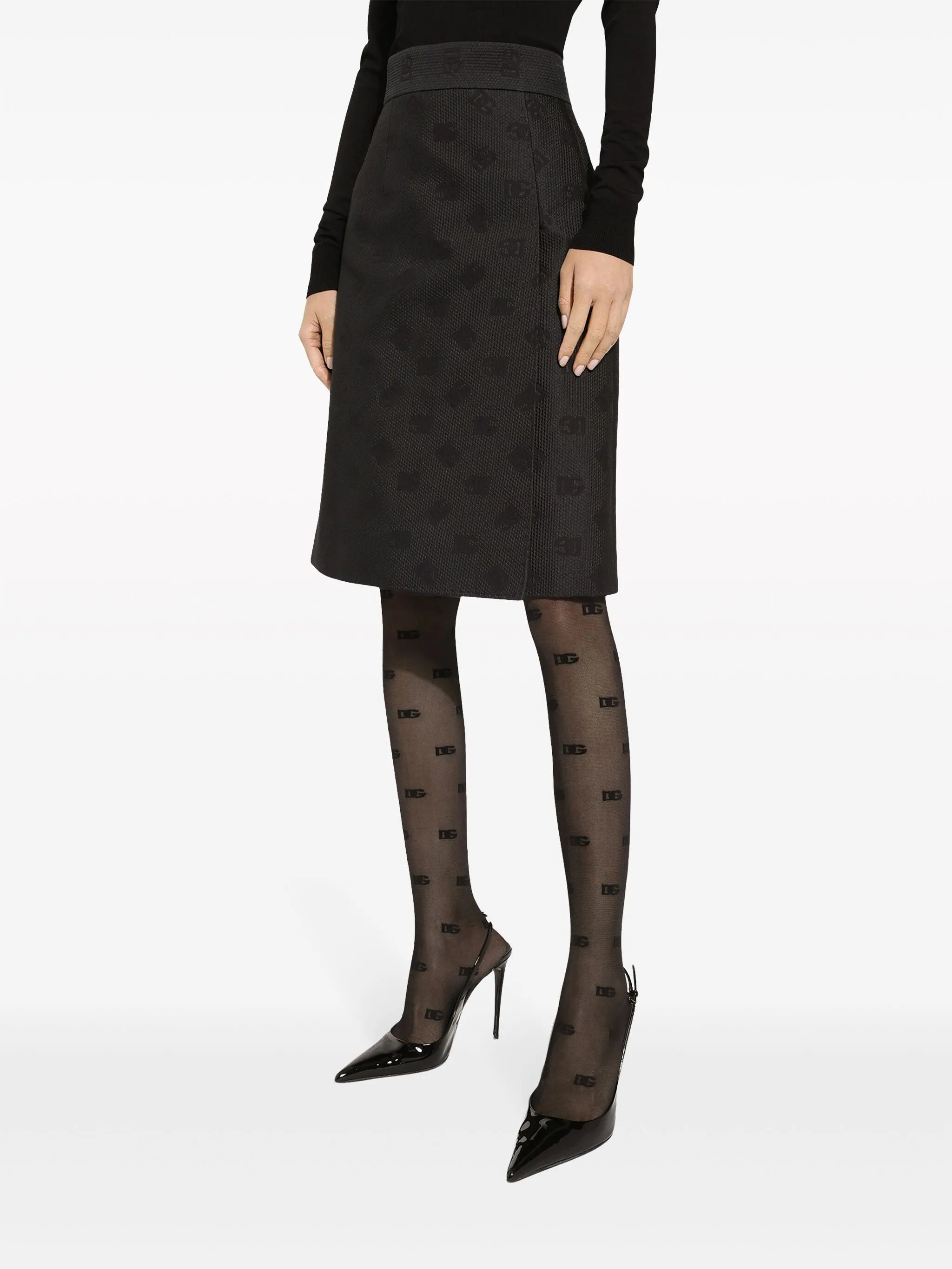 monogram-jacquard straight midi skirt