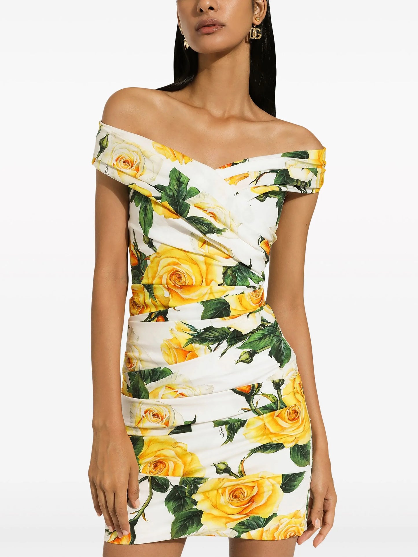 off-shoulder rose-print dress