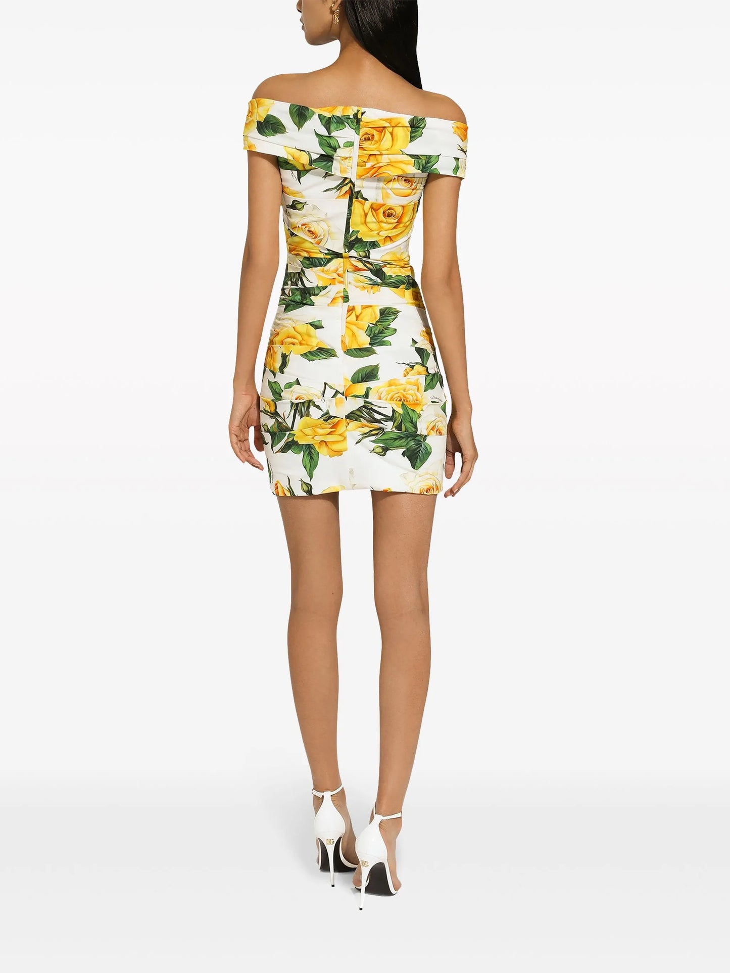 off-shoulder rose-print dress