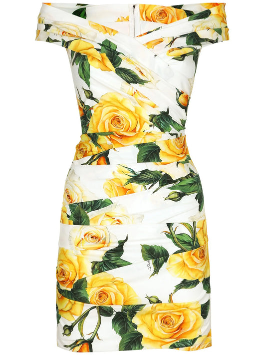 off-shoulder rose-print dress