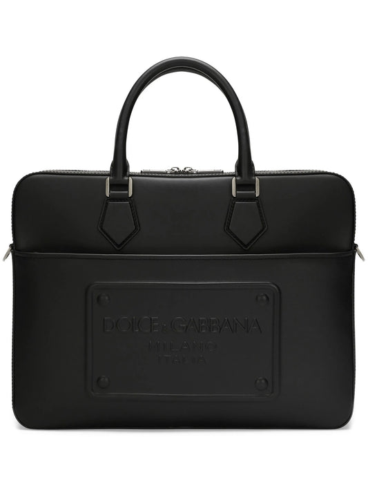 logo-embossed leather laptop bag