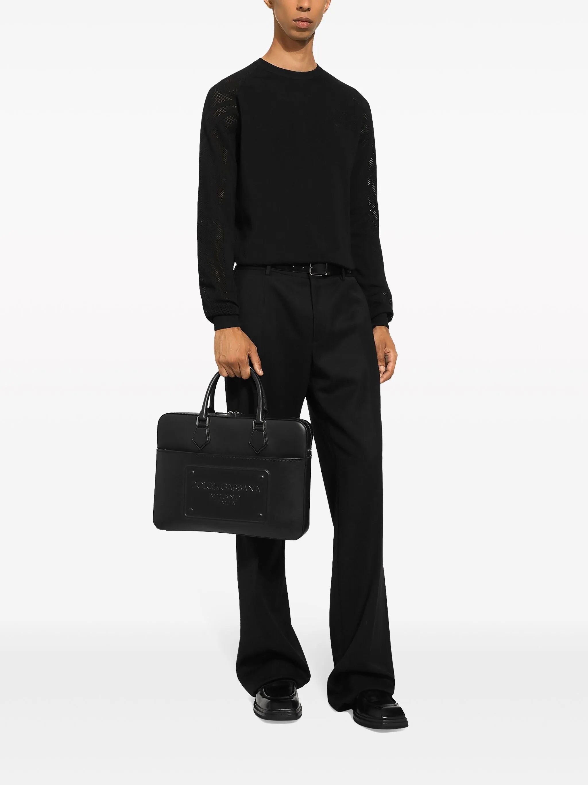logo-embossed leather laptop bag