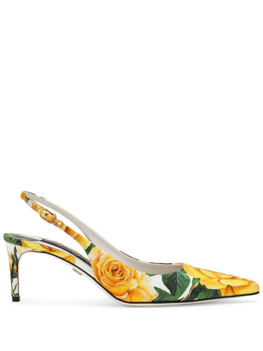 floral-print leather slingback pumps
