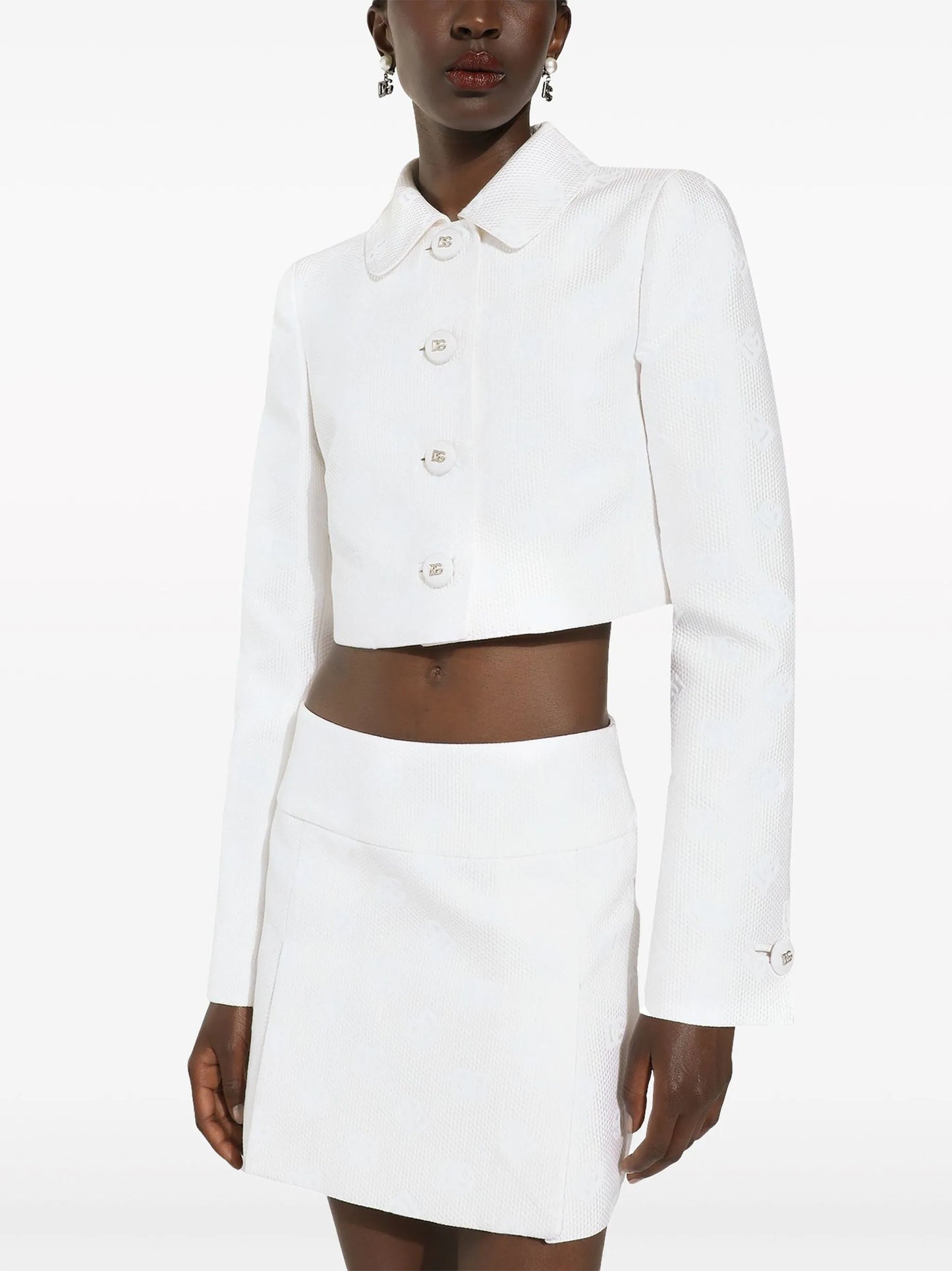 monogram-jacquard button-down cropped jacket