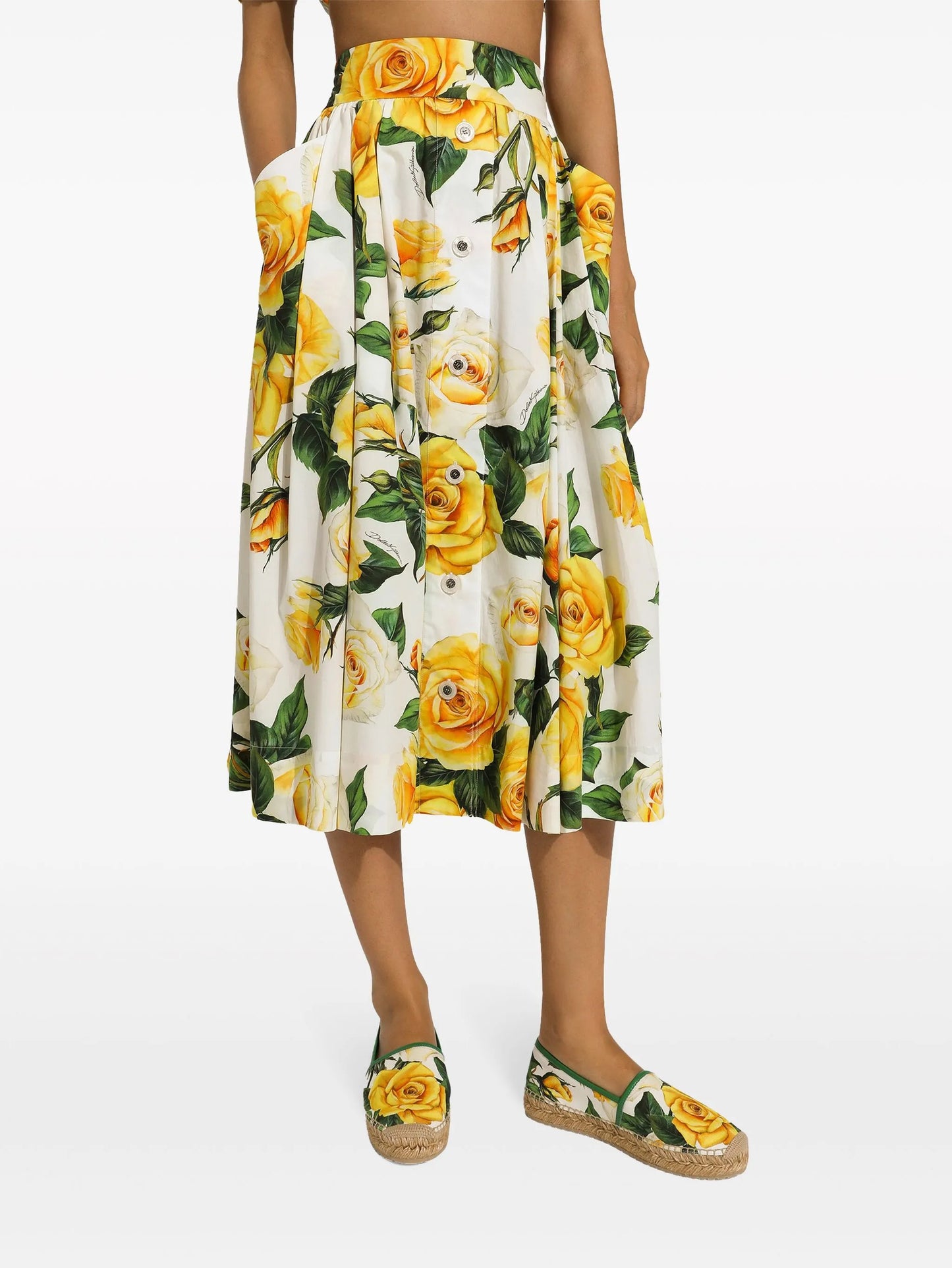 rose-print cotton midi skirt