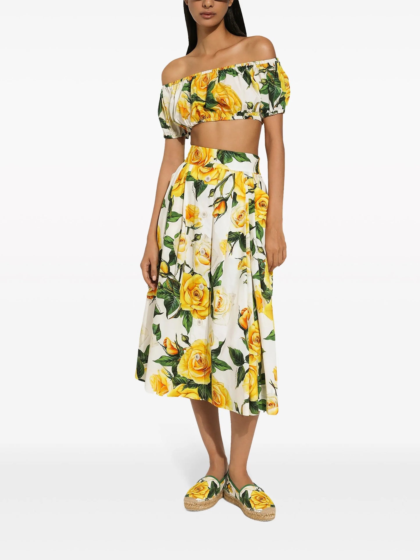 rose-print cotton midi skirt