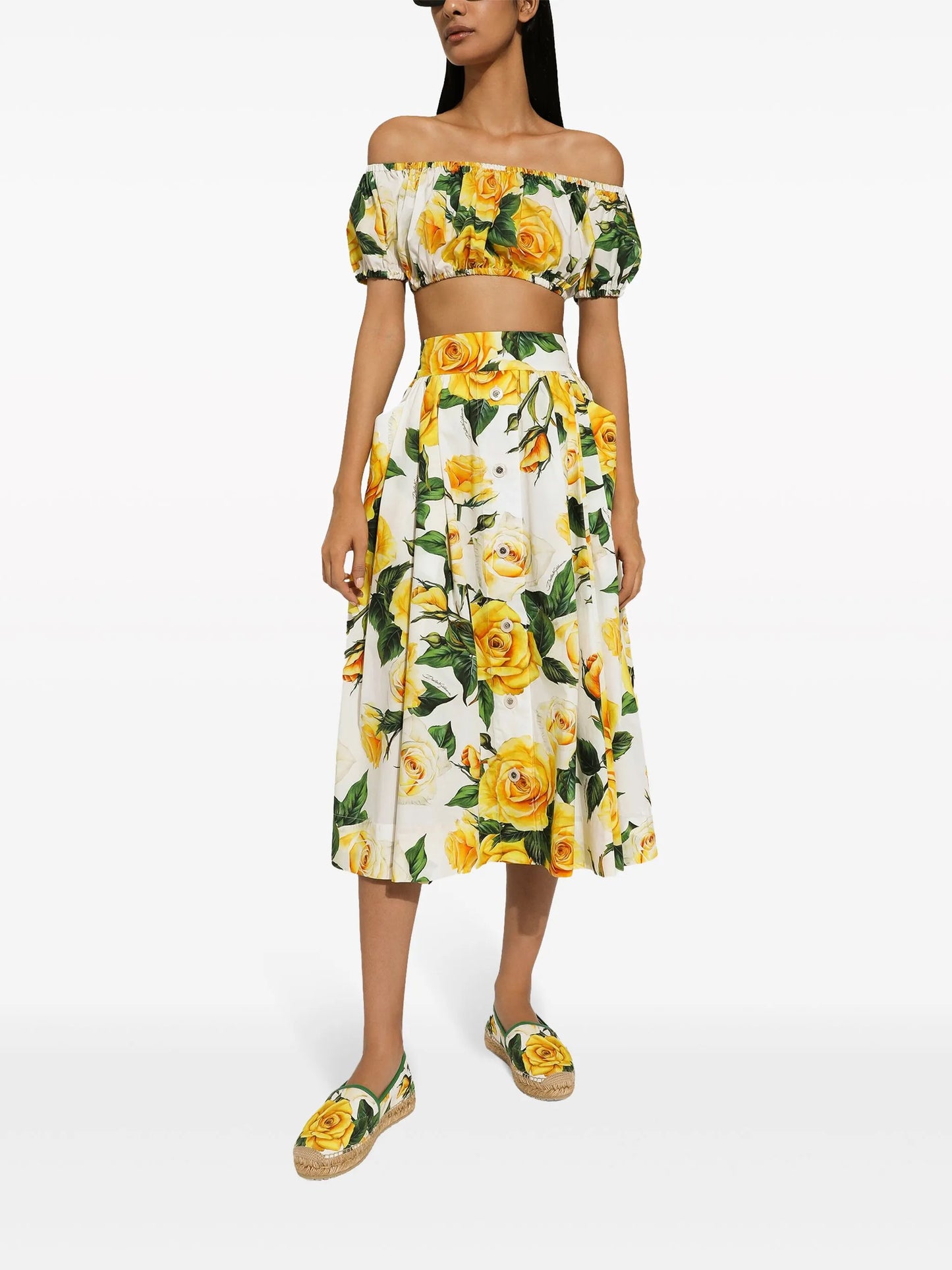 rose-print cotton midi skirt