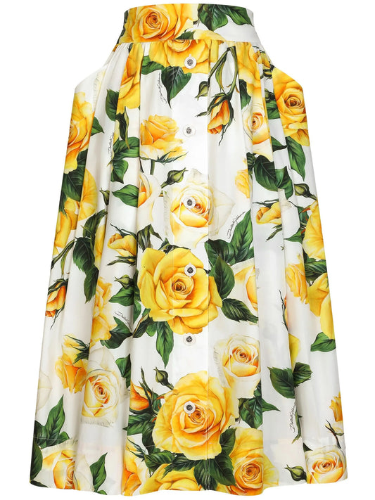 rose-print cotton midi skirt