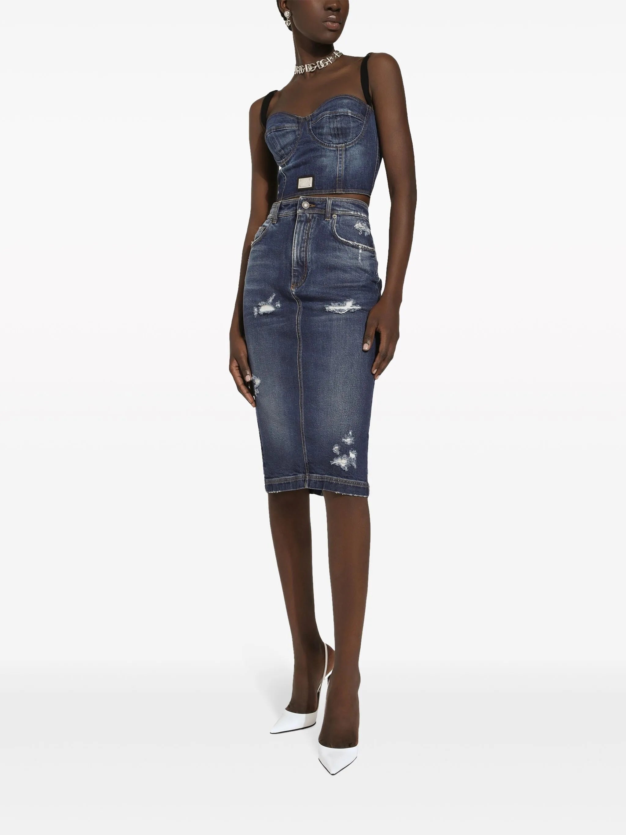 logo-plaque denim crop top