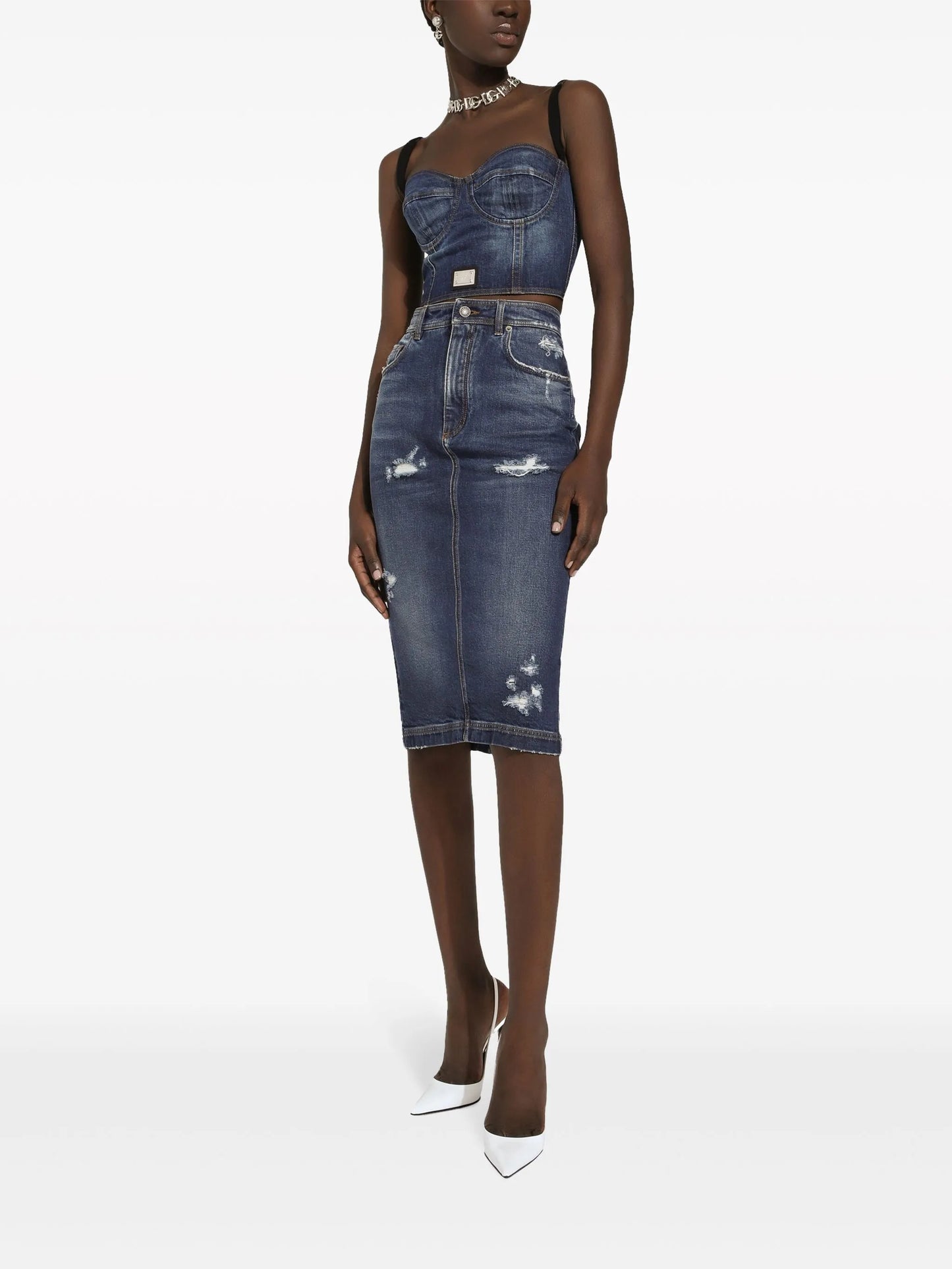 logo-plaque denim crop top