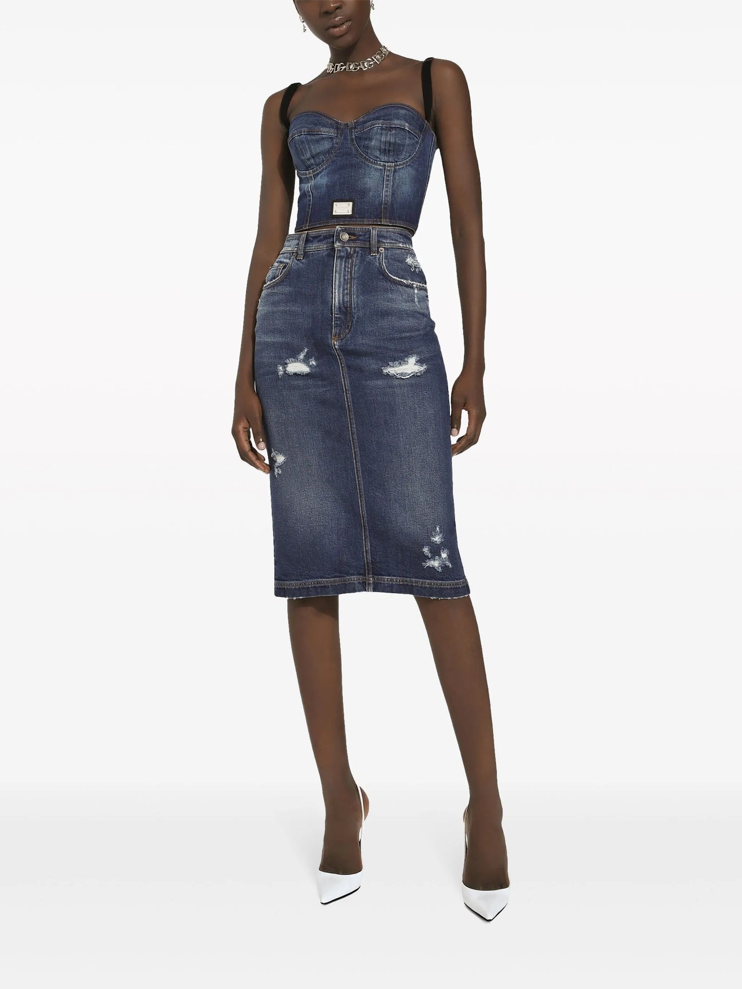 logo-plaque denim crop top