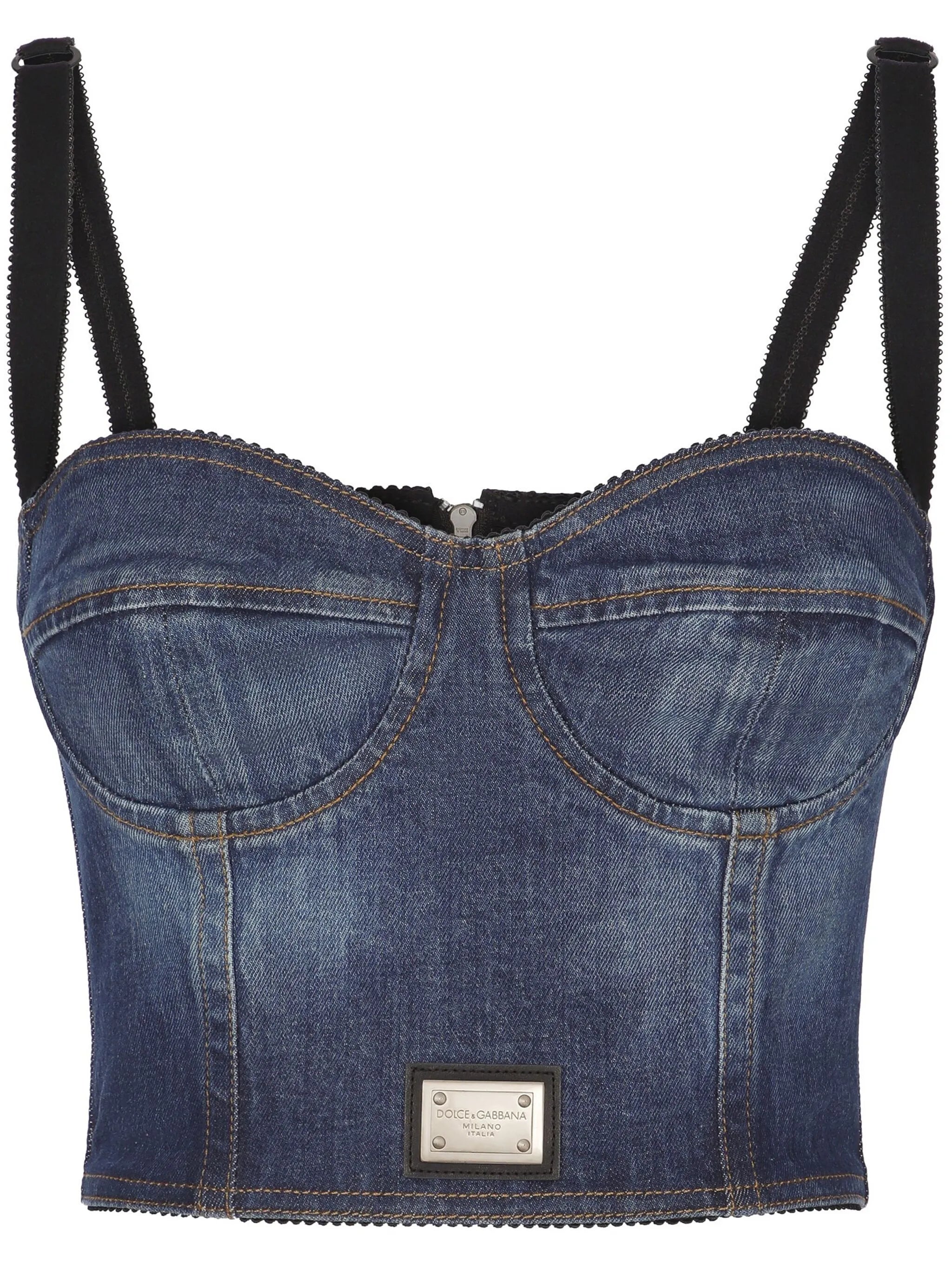 logo-plaque denim crop top