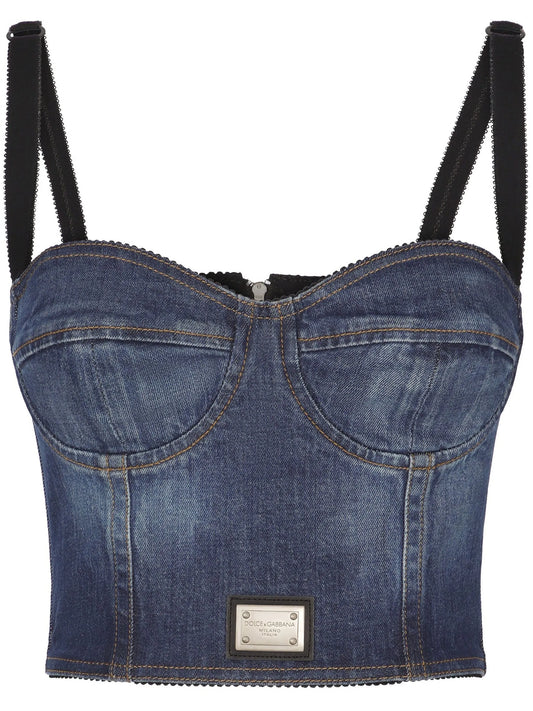 logo-plaque denim crop top