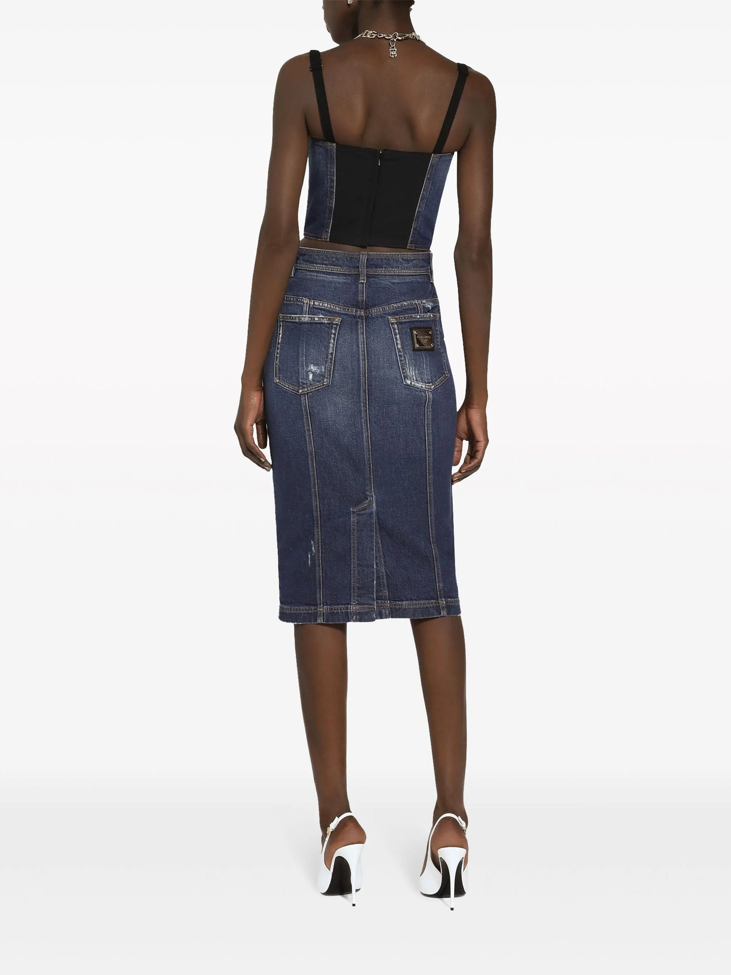 logo-plaque denim crop top